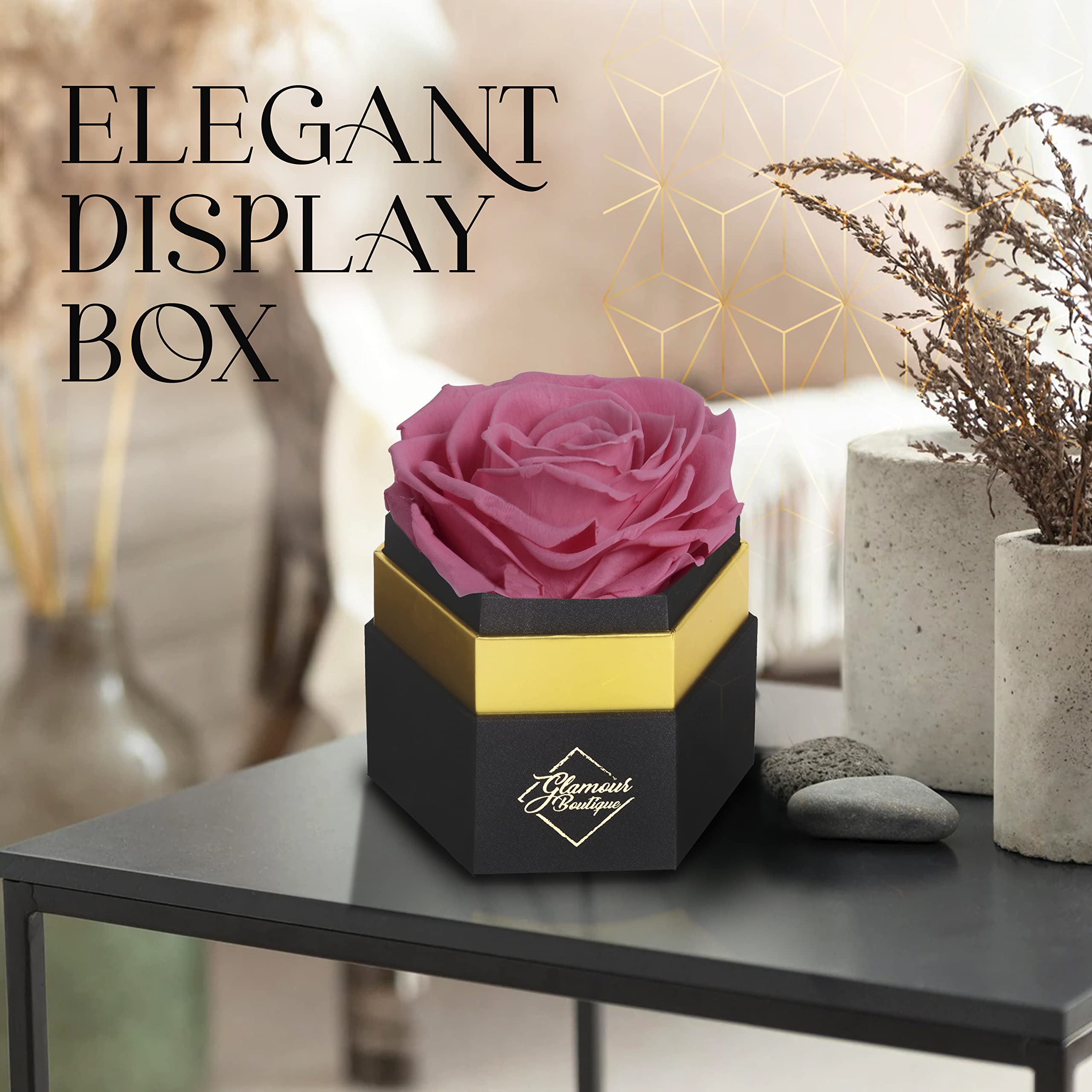 Hexagon Single Rose Forever Box - Preserved Roses in a Box That Lasts a Year, Eternal Rose Gift for Anniversary, Valentine's Day, Wedding, Birthday - Pink Preserved Flower for Home Decor, Office Desk, Romantic Surprise
