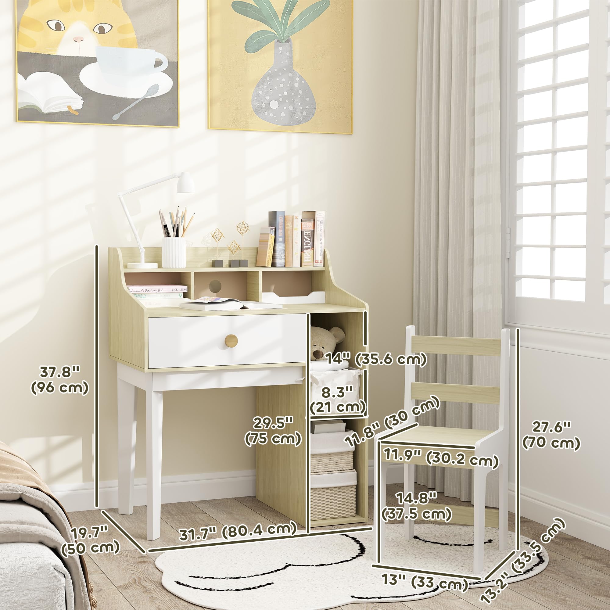 Qaba Kids Study Desk and Chair Set with Storage Shelves & Drawer - Adjustable Height Children's Desk for Ages 3-10 - White - Perfect for Homeschooling, Online Learning & Bedroom Study Space
