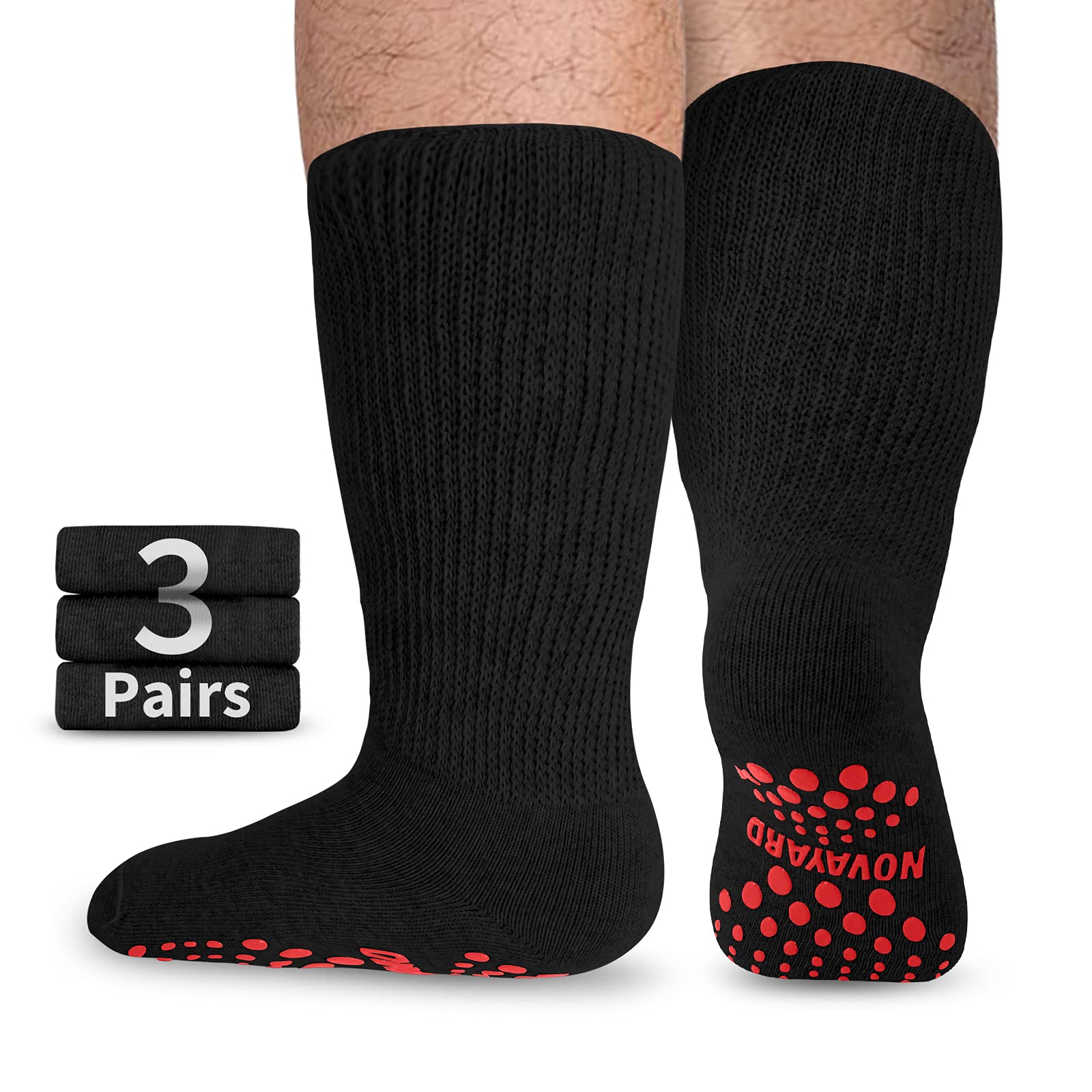 NOVAYARD Non-Slip Diabetic Socks for Men & Women - Wide Comfort Neuropathy Socks for Edema, Bariatric & Hospital Use - 3 Pairs - Perfect for Daily Wear, Travel & Medical Recovery