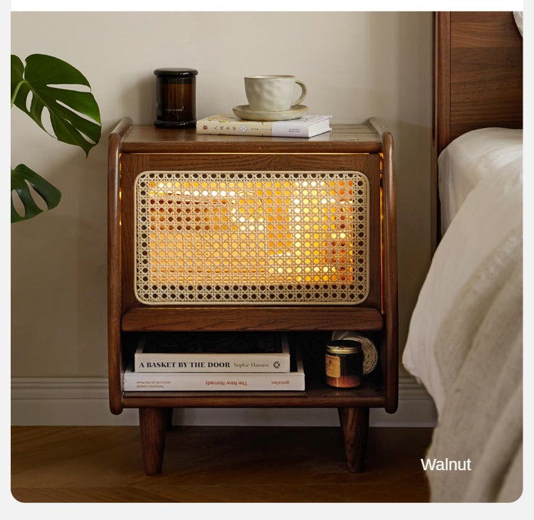 Solid Oak Wood Nightstand with Rattan Accents - Stylish Bedside Table for Bedroom Decor, Living Room, or Guest Room