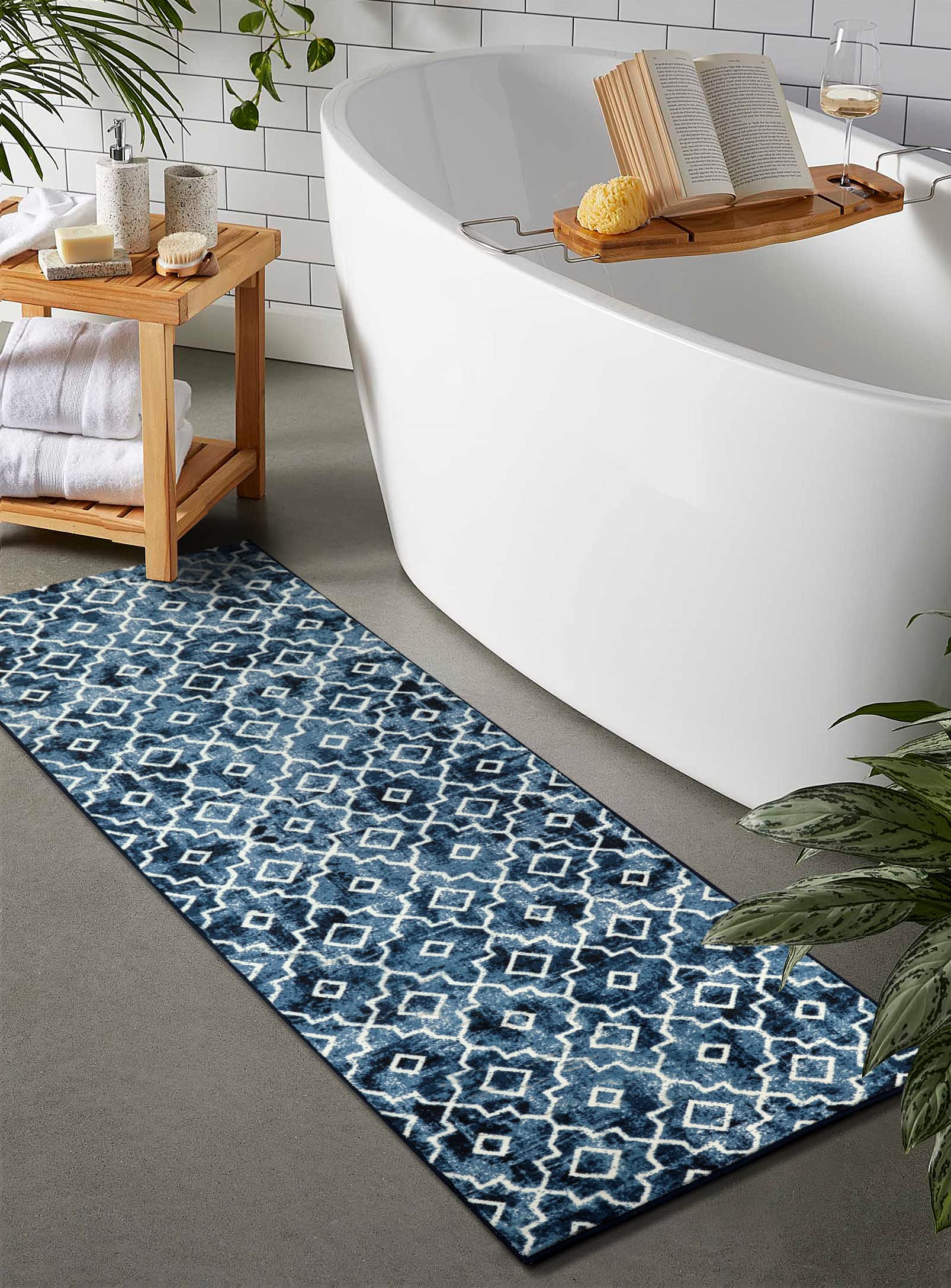 Wonnitar Moroccan Washable Runner Rug 2x6 - Non-Slip Blue Hallway Rug, Distressed Entryway Carpet with Modern Geometric Trellis Design - Perfect for Bathroom, Bedroom, Laundry Room & High-Traffic Areas (Post Blue, 2'x6')