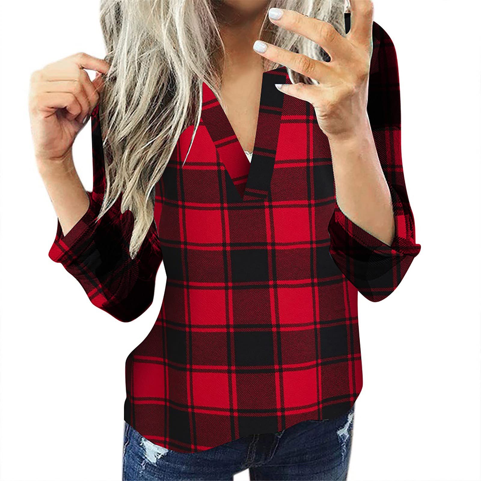 Women's Plaid Long Sleeve Tunic Tops - Casual Loose Fit V-Neck Blouses for Summer | Dressy Basic Shirts for Work, Office & Everyday Wear