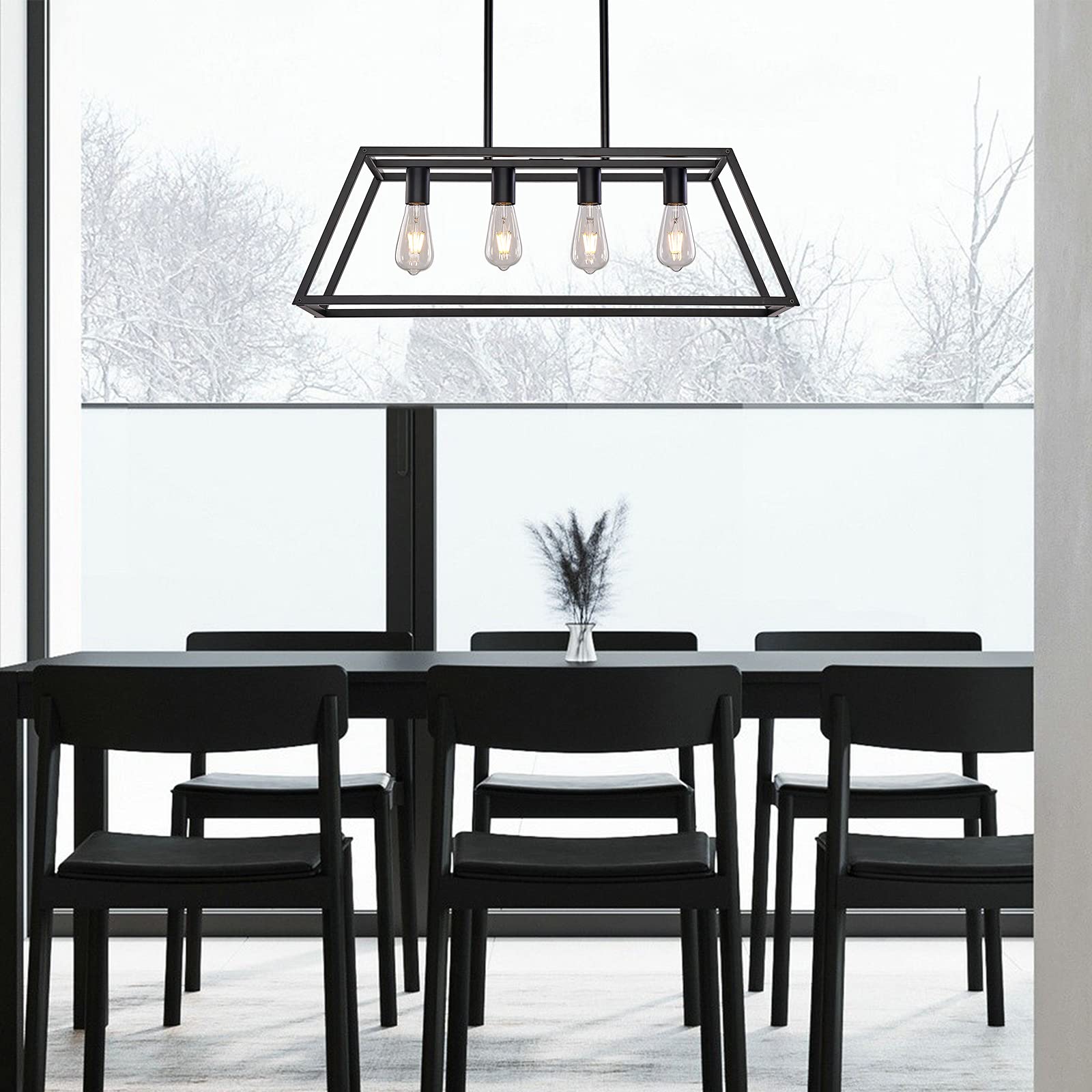 XILICON Modern 4-Light Black Linear Pendant Light - Farmhouse Kitchen Island Chandelier for Dining Room, Hanging Cage Lighting Fixture | Perfect for Farmhouse, Industrial & Contemporary Home Decor