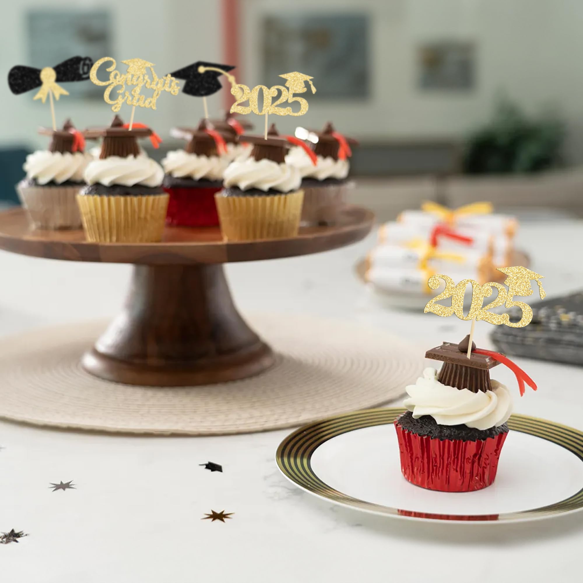 24Pcs 2025 Graduation Cupcake Toppers - Black Glitter Congrats Grad Decorations with Cap & Diploma Picks for Graduation Party, Cake Decor Supplies (Perfect for High School & College Graduation Celebrations)