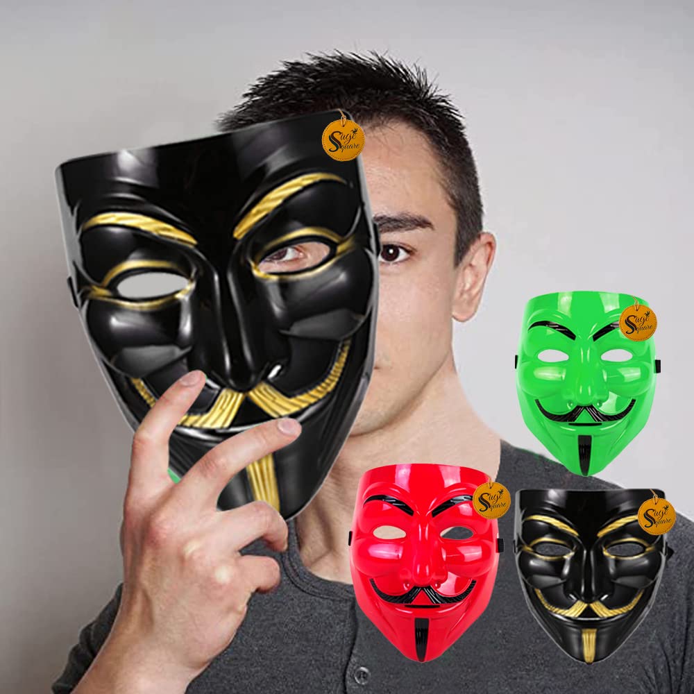 V for Vendetta Face Mask Set of 3 - Anonymous Cosplay Mask, Sage Square Black Green Red Fawkes Mask, Perfect Fit Halloween Costume Accessory | Protest, Cosplay, Movie Theme Parties, Political Events