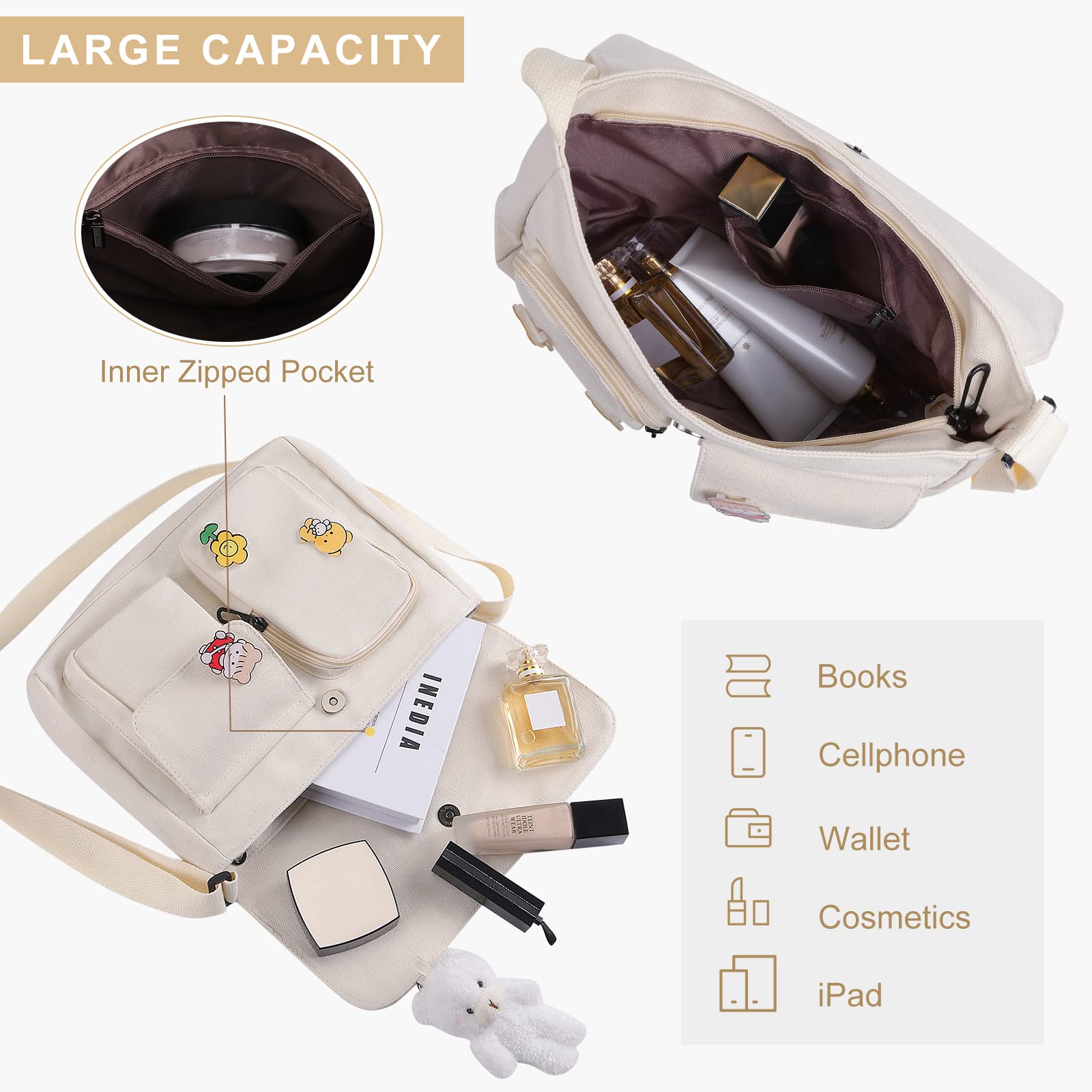 Stylish Canvas Crossbody Bag for Women & Girls - Kawaii Pins & Pendant Decor - Casual Shoulder Messenger Purse - Perfect for School, College, Travel & Everyday Use