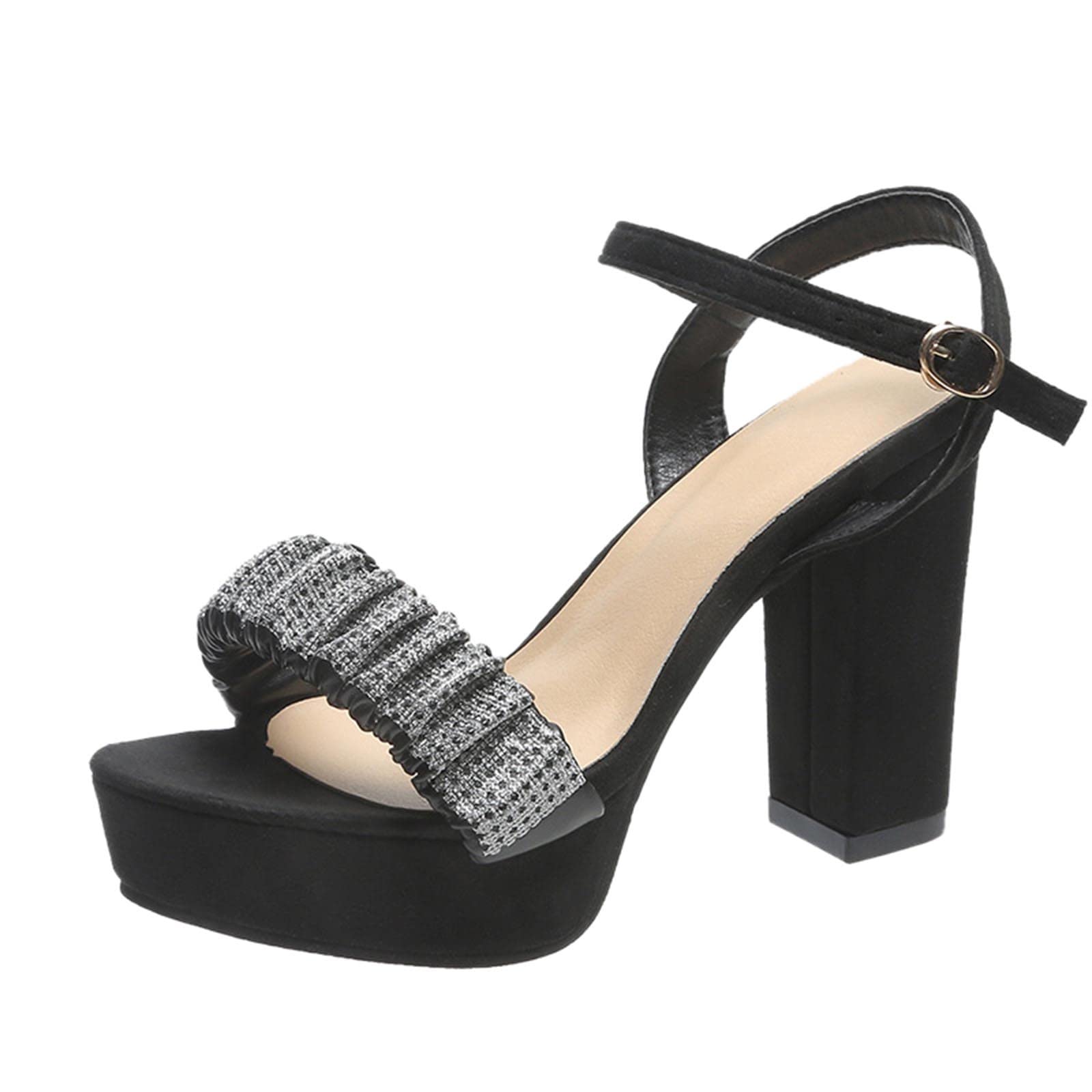 Women's Slip-On Sandals with Chunky Heel - Rhinestone Embellished Open-Toe Summer Shoes for Casual Outings, Beach Wear & Party Occasions