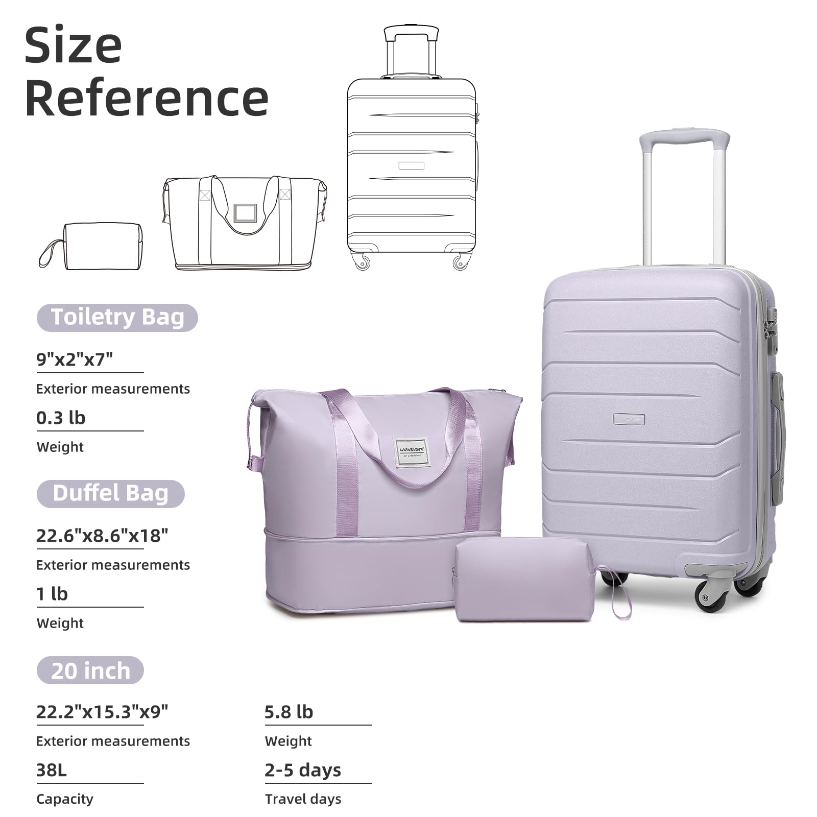 Lavender 20-Inch Hard Shell Carry On Luggage Set for Women - 3-Piece Spinner Wheel Suitcase with TSA Lock (22x14x9 Inches) Airline Approved - Perfect for Business Travel, Weekend Getaways & Family Vacations