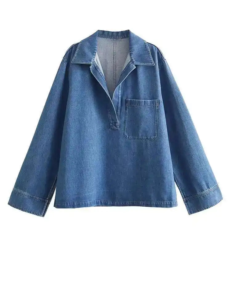Big Size Blue Denim Shirt & Wide Leg Pants Two-Piece Suit for Women - Lapel Long Sleeve Fashion Outfit for Spring/Autumn 2025 (Style 1DH6390) | Perfect for Office Wear, Casual Outings & Special Occasions
