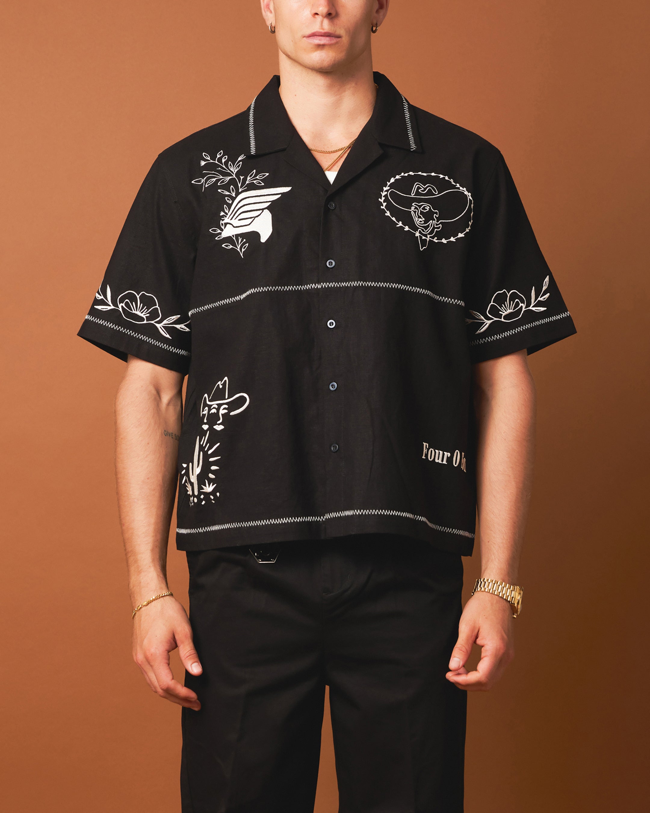 404 Frontier Embroidered Button-Up Shirt for Men - Stylish Black Western Shirt with Embroidered Details - Perfect for Cowboy Rides, Country Music Festivals & Casual Outings