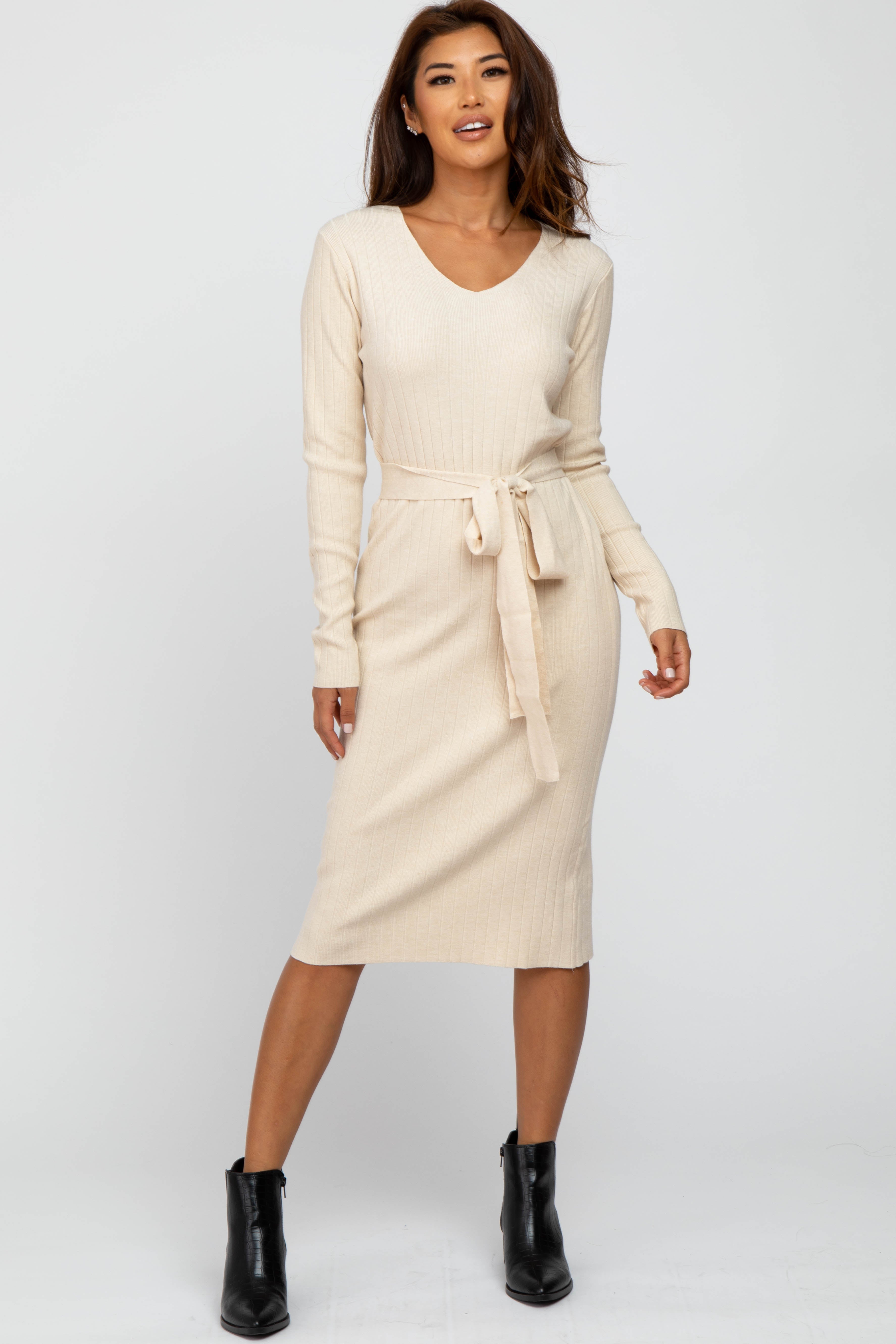 Beige Tie Front Maternity Sweater Midi Dress for Pregnancy - Soft Knit Long Sleeve Bodycon Dress for Baby Shower, Maternity Photos & Nursing