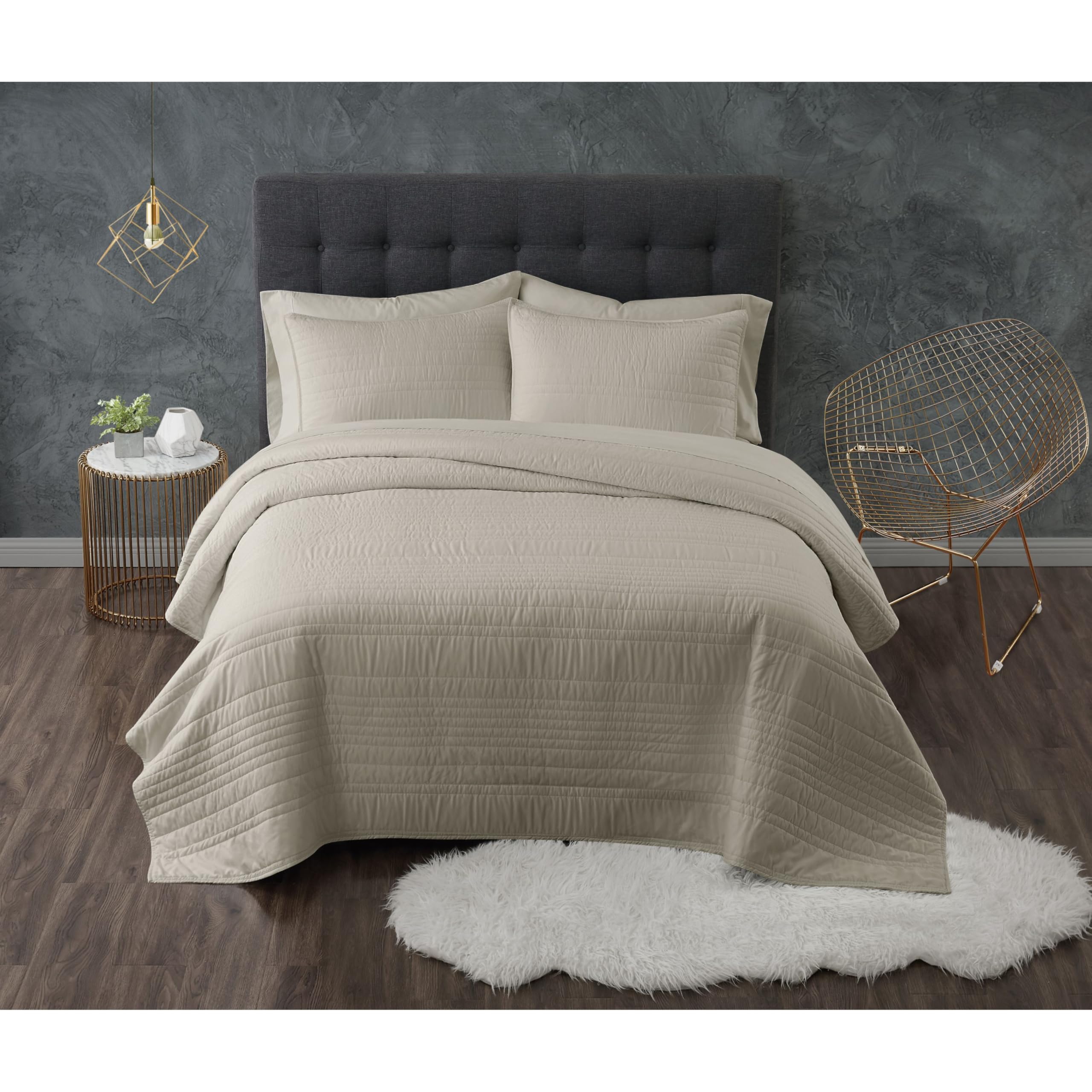 Truly Calm 3-Piece Full/Queen Quilt Set - Khaki Polyester Bedding with Solid Color Design for Men & Women | OEKO-TEX Certified | Perfect for Cozy Bedrooms, Guest Rooms & Dorm Decor