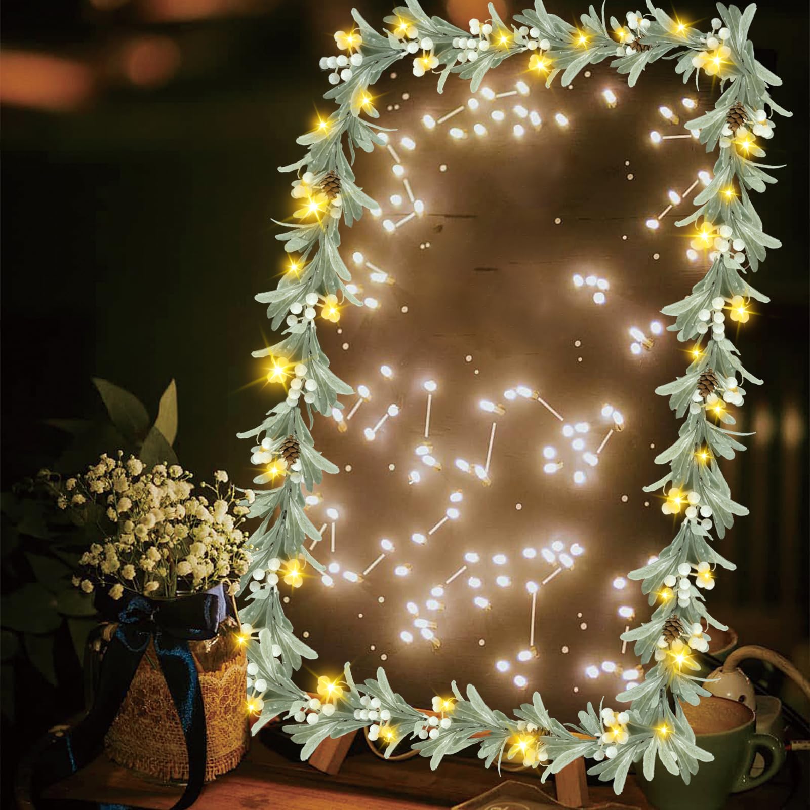 Artgar 6FT Battery Operated Olive Vine Garland with LED Lights & Timer - Artificial Green Prelit Garland for Fireplace Mantle, Table Decor - Perfect for Spring, Christmas, Wedding & Holiday Decorations (Indoor/Outdoor Use)