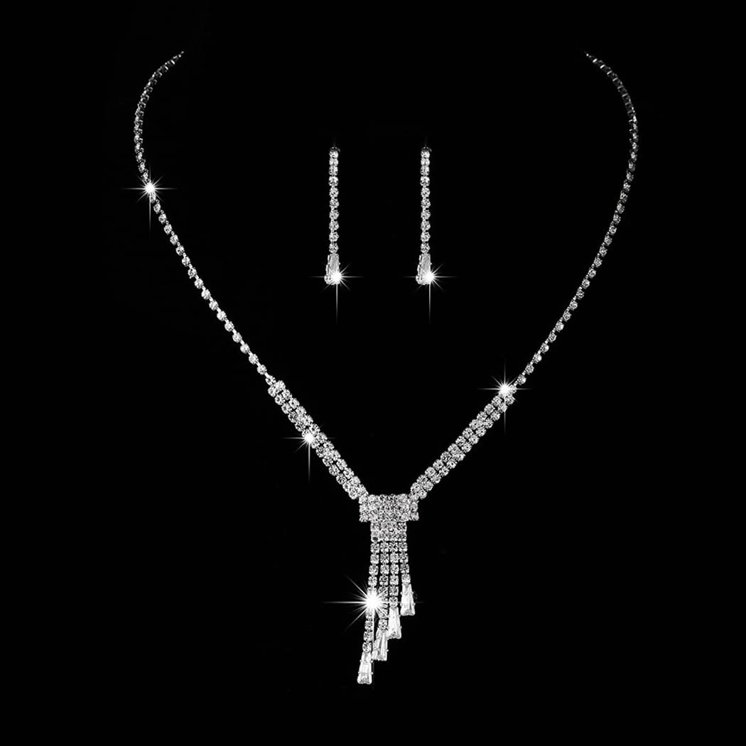 Jakawin Silver Bridal Necklace Set - Crystal Wedding Jewelry with Rhinestone Necklace & Clip-On Earrings for Women & Girls (3-Piece Set) | Perfect for Bridal Showers, Weddings, and Formal Events