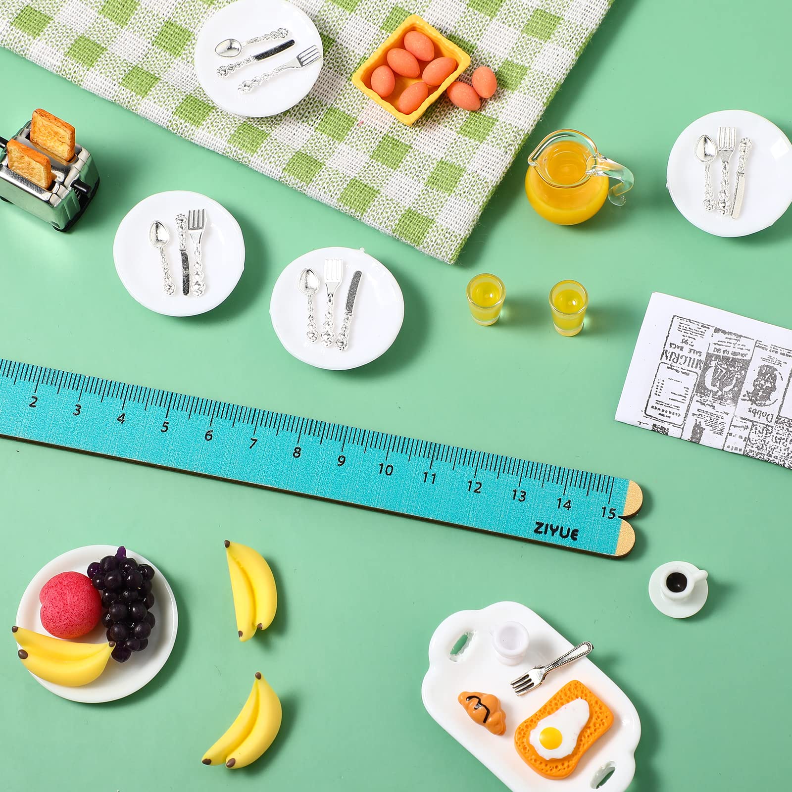 44-Piece 1:12 Scale Miniature Dollhouse Kitchen Set - Mini Toast Machine, Bread, Juice, Milk, Eggs, Cups, Fruits, Plates & Utensils for Dollhouse Scenes, Cake Toppers & DIY Miniature Decor | Perfect for Dollhouse Displays, Miniature Collectors & Creative Cake Decorations