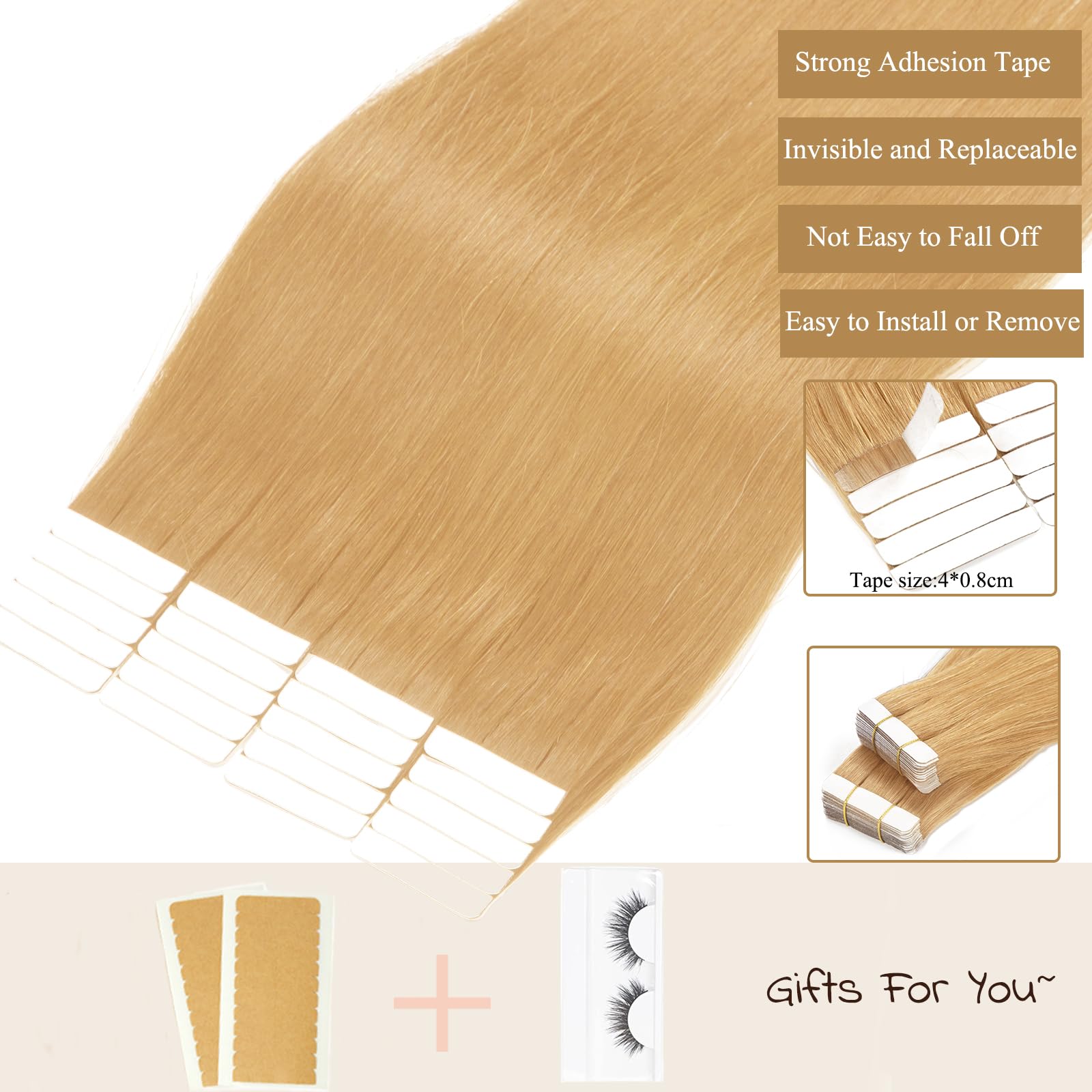 Loxxy 100% Real Virgin Human Hair Tape in Extensions - Seamless Skin Weft, Double Weft, Natural Thick Strawberry Blonde #27 (20 Pieces, 50g/Pack, 22 Inch) for Volume & Length - Perfect for Parties, Weddings & Daily Styling