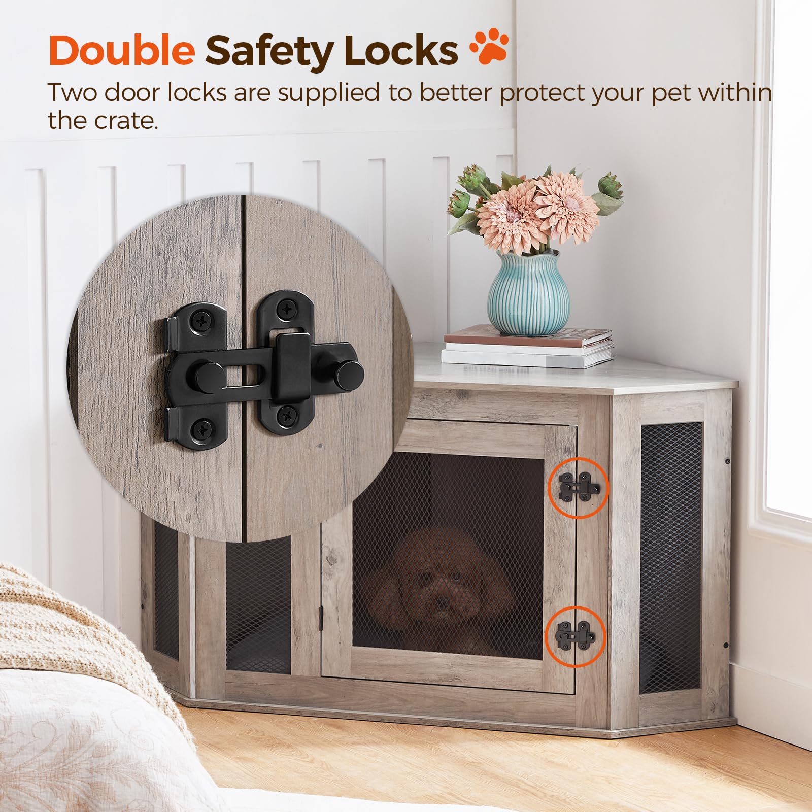 Stylish Wooden Dog Crate End Table - Multi-Functional Pet Kennel Furniture for Small & Medium Dogs | Indoor Decorative Dog House & TV Stand in Greige & Black (DCHG0801) | Perfect for Living Rooms, Bedrooms & Home Offices
