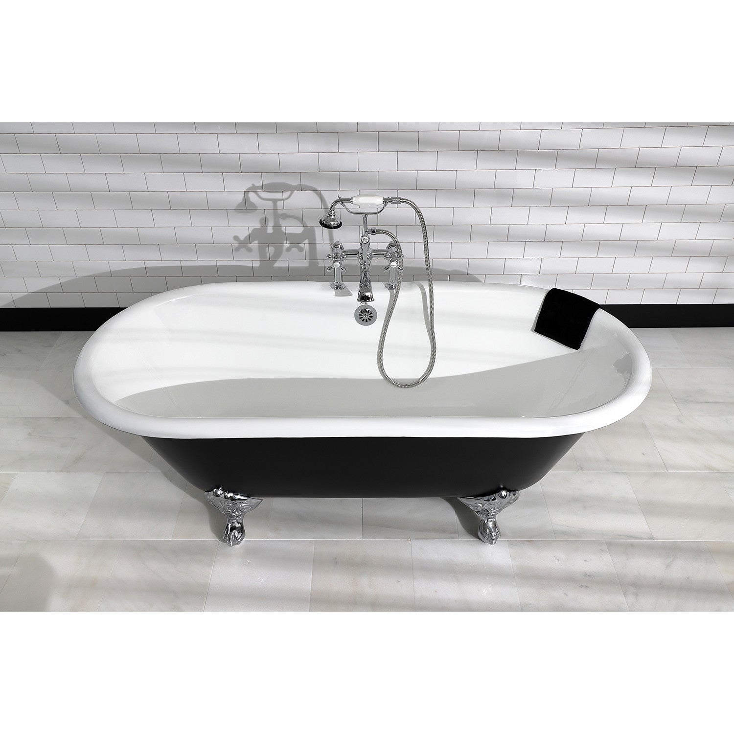 Aqua Eden 66 Inch Cast Iron Clawfoot Bathtub - Double Ended Oval Tub with 7 Inch Faucet Drillings in Black/White/Polished Chrome | Vintage Style Freestanding Soaking Tub for Bathroom Remodel & Luxury Spa Experience