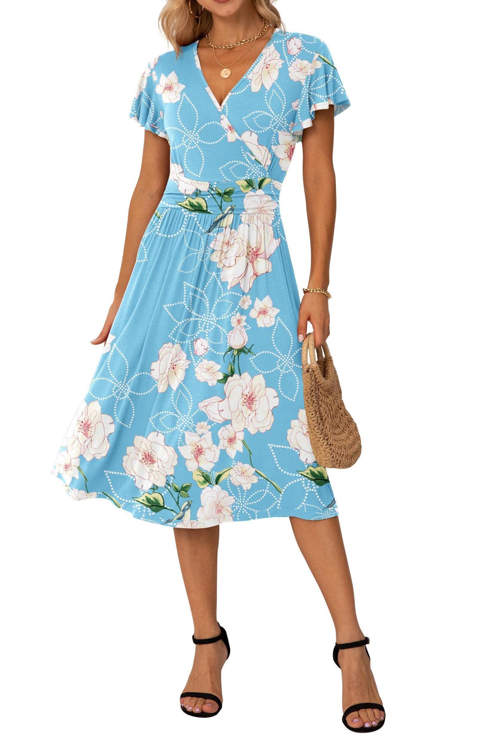 GRECERELLE Women's Spring Summer Casual Wrap V-Neck Dress with Ruffle Sleeves - Short & Long Sleeve Options for Outdoor, Office & Date Night Outfits