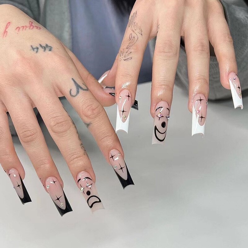 Black & White French Star Rhinestone Press-On Nails - Long Ballet Fake Nails with Glue | Full Cover False Nails for Women | Perfect for Parties, Weddings, Prom & Special Occasions