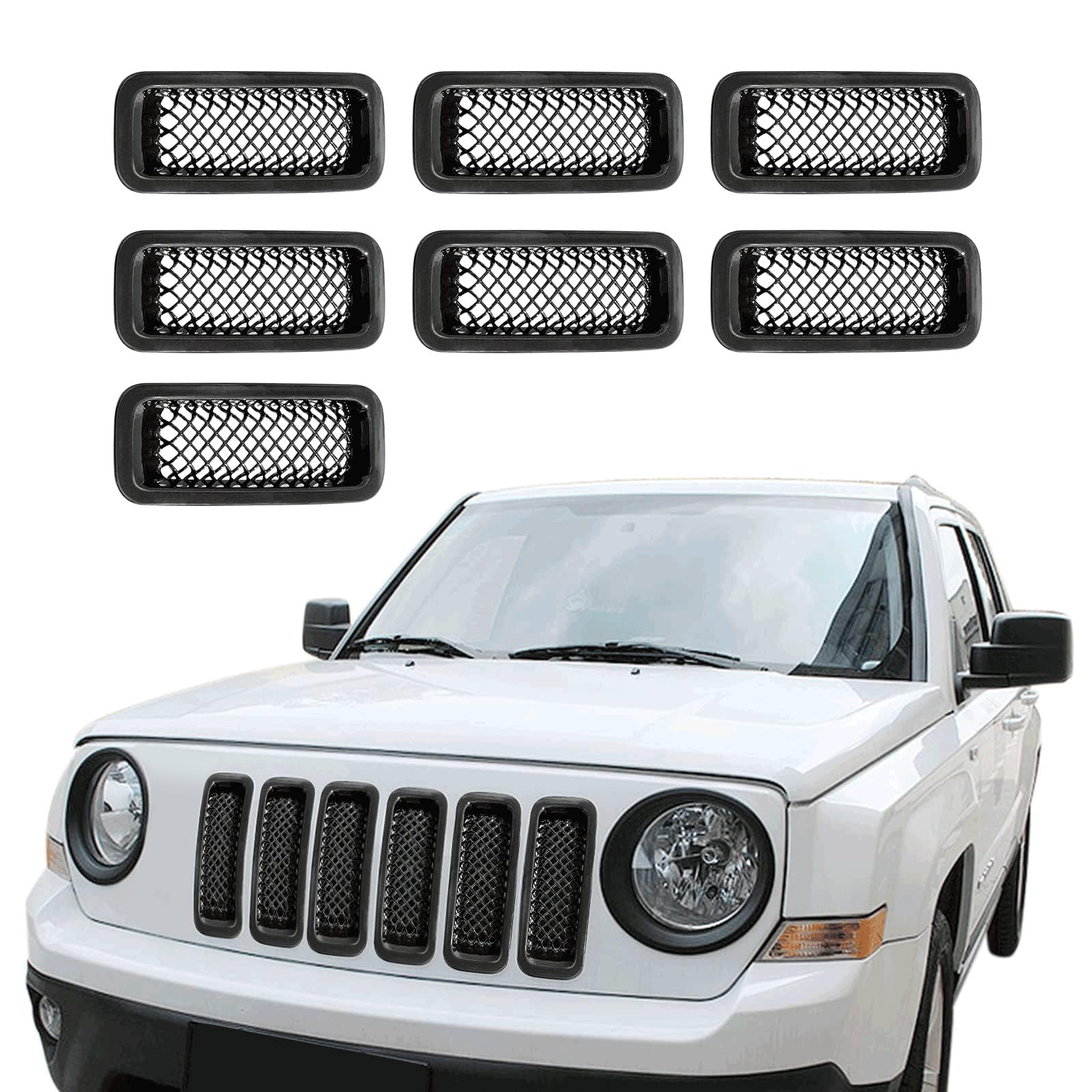 ABS Black 7-Piece Front Grill Mesh Inserts Cover Frame Trim Kit for 2011-2016 Jeep Patriot - Off-Road Style Upgrade & Improved Protection