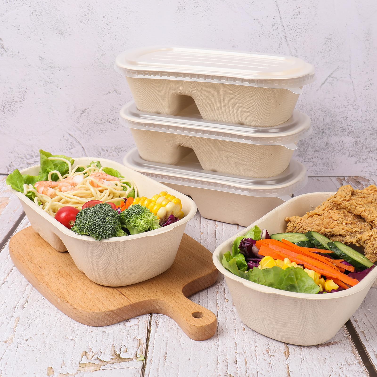 Eco-Friendly 32 oz Disposable Bowls with Lids - 2 Compartment Sugarcane Fiber Food Containers for Meal Prep, Takeout & Leftovers Storage (50 Pack) BPA-Free Biodegradable Plates for Parties, Picnics & Catering