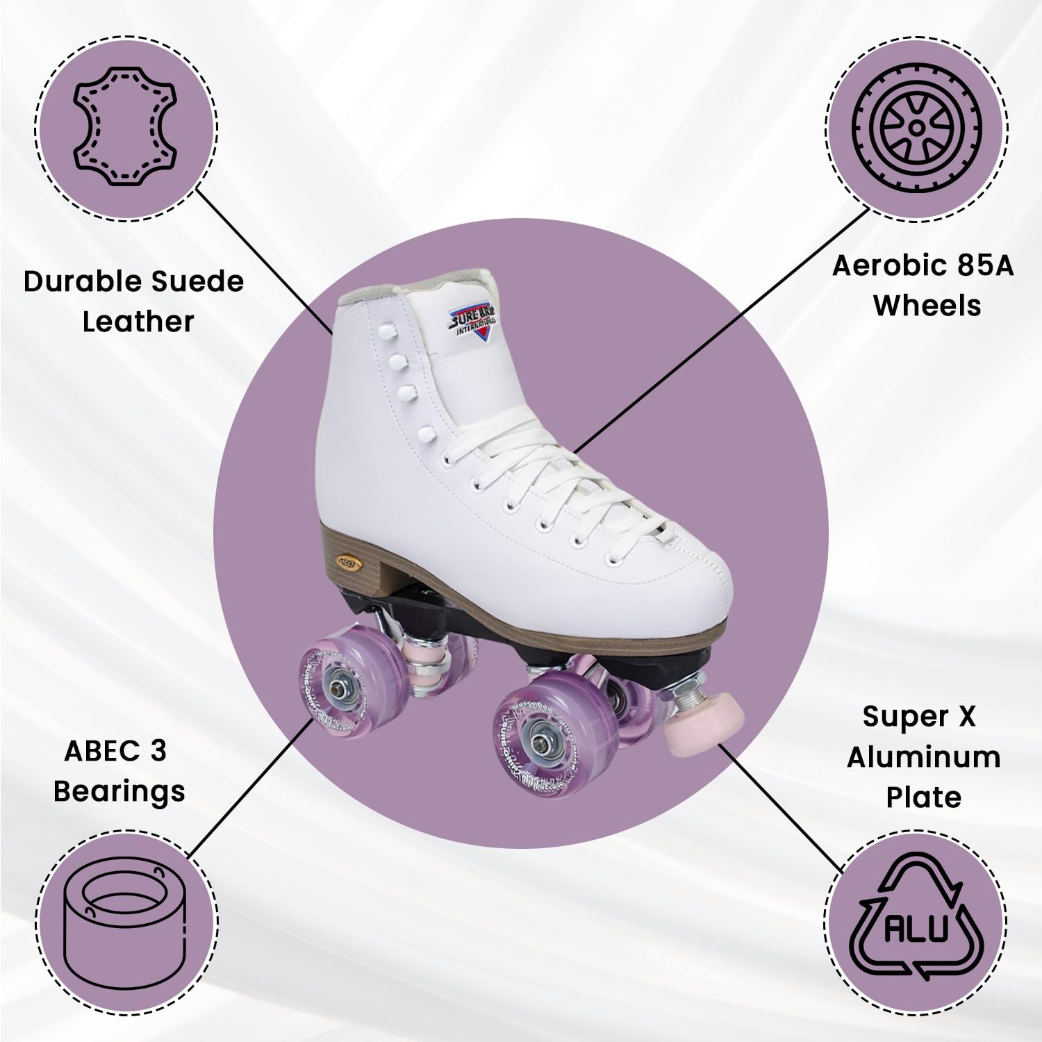 Sure-Grip Fame White Vegan Roller Skates with Pink Motion Wheels - Microfiber Lined Boot, Rock Nylon Plates & Aluminum Trucks - Perfect for Outdoor Skating, Fitness, and Casual Roller Disco Fun