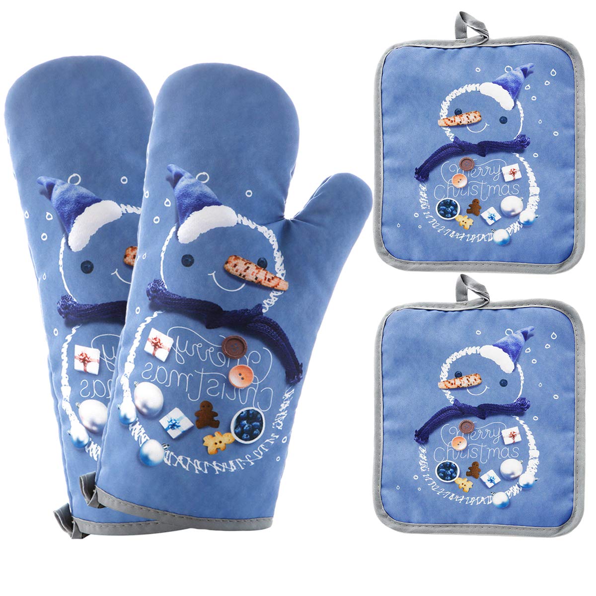 Heat-Resistant Oven Mitts & Potholders Set - Non-Slip Silicone BBQ Gloves for Cooking, Baking, Grilling - 4-Piece Kitchen Accessories with Recycled Infill (Christmas Blue) - Perfect for Holiday Baking, Outdoor BBQ, and Everyday Kitchen Use