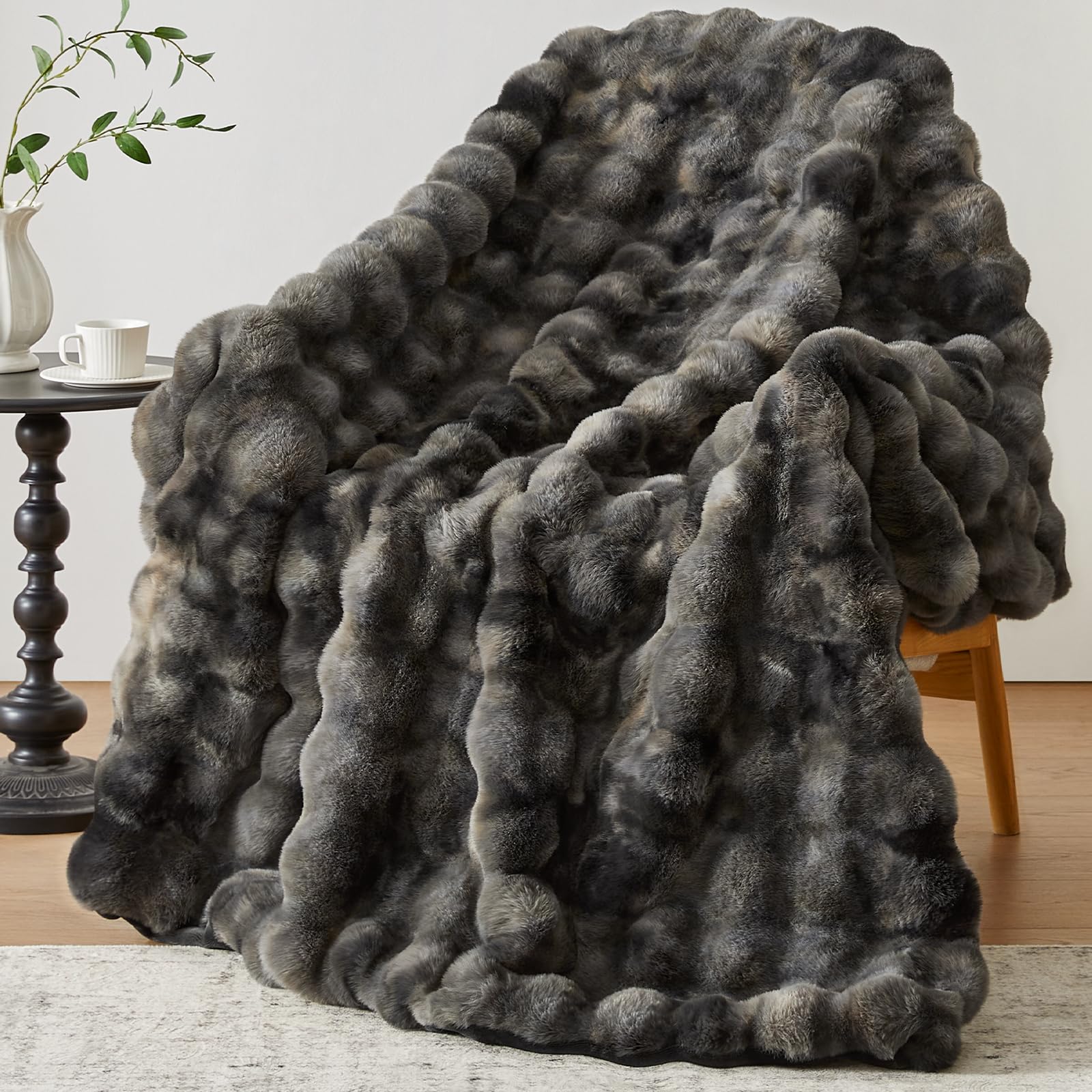 Faux Fur Throw Blanket 50x60 Inches - Ultra Soft 1000GSM Plush Blanket for Couch, Bed & Sofa - Warm Cozy Rabbit Lola Blanket in Tie-Dye Grey - Perfect for Living Room, Bedroom & Winter Nights