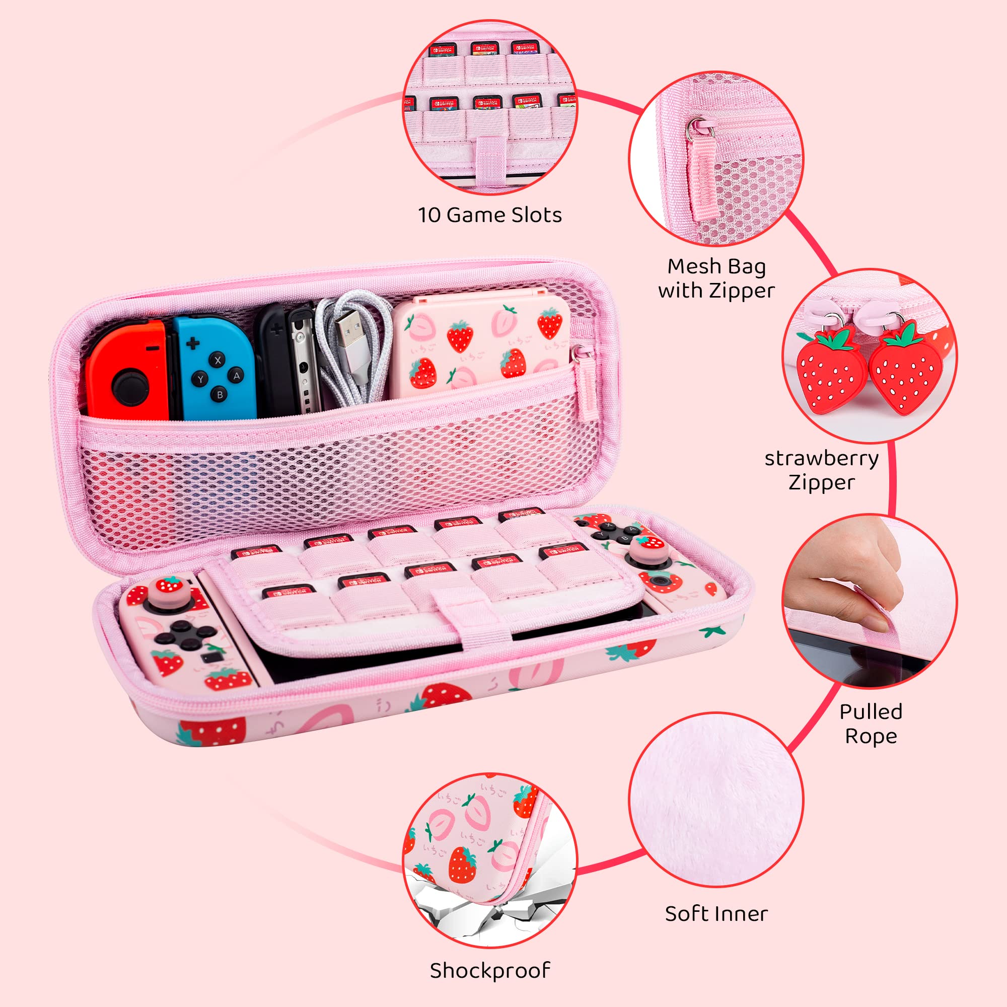 GLDRAM Pink Strawberry Nintendo Switch Carrying Case Bundle - Soft TPU Cover, Game Case, Tempered Glass Screen Protector, Thumb Grip Caps & Adjustable Shoulder Strap - Perfect Travel Accessories for Girls & Women | Portable Protection for Gaming on the Go, Commuting & Travel