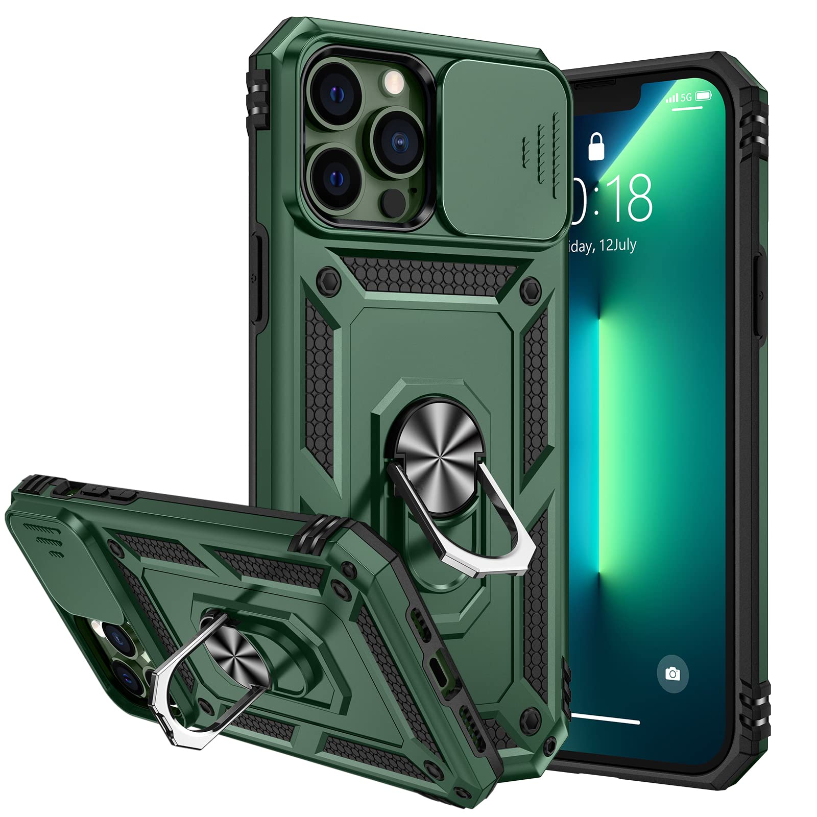 Military Shockproof iPhone 13 Pro Max Case with Rotating Stand & Magnetic Mount - Green Armor Protection for Outdoor & Driving