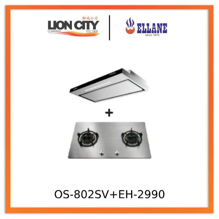 Ellane EH 2990 90cm Stainless Steel Slimline Range Hood + Ellane OS 802SV 86cm 2 Burner Gas Cooktop - Modern Kitchen Ventilation & Cooking Solution for Home Chefs