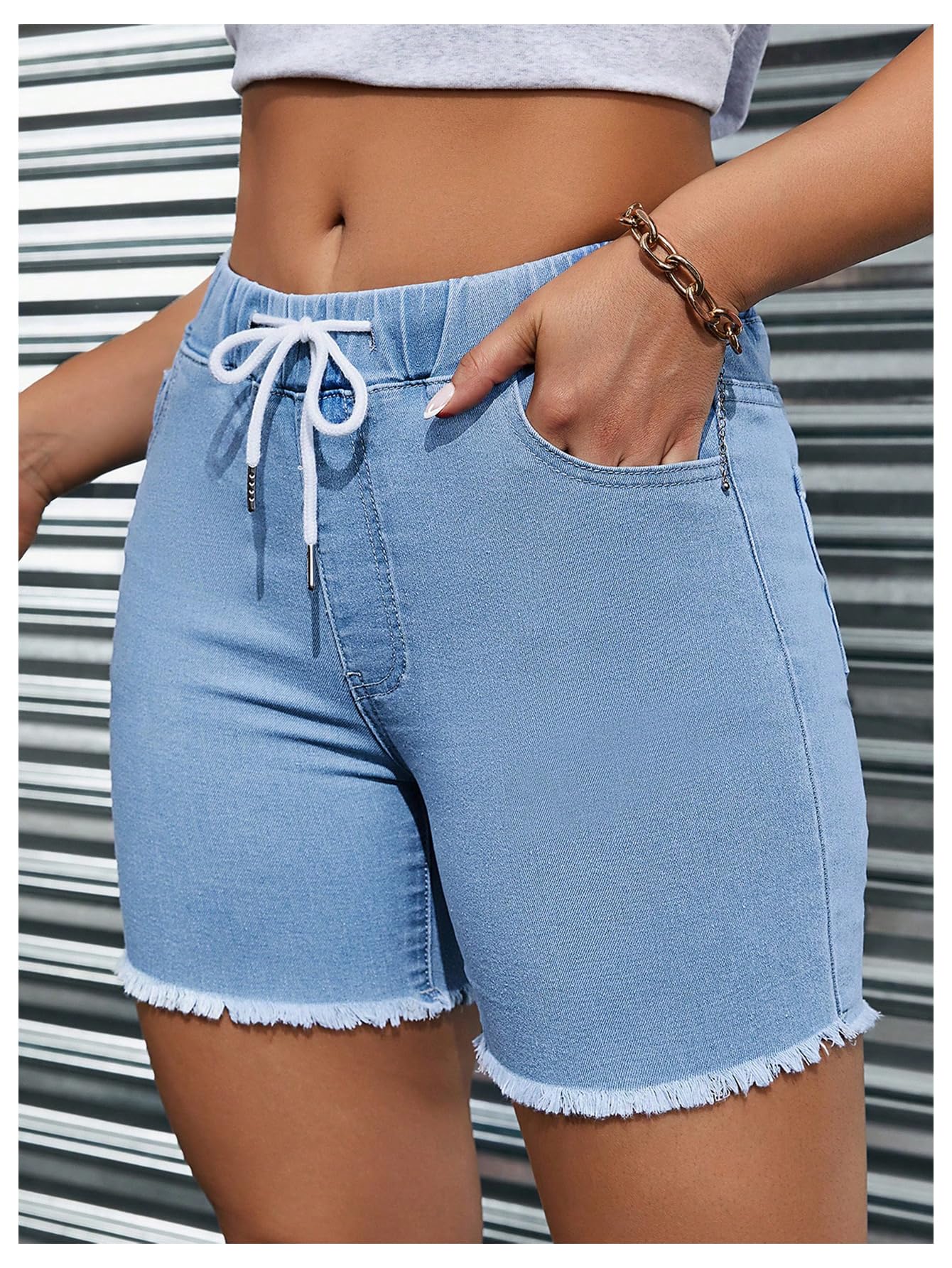MakeMeChic Women's Casual Drawstring Denim Biker Shorts with Frayed Hem - High Waisted Jean Shorts for Women | Perfect for Summer, Workouts, and Casual Outings