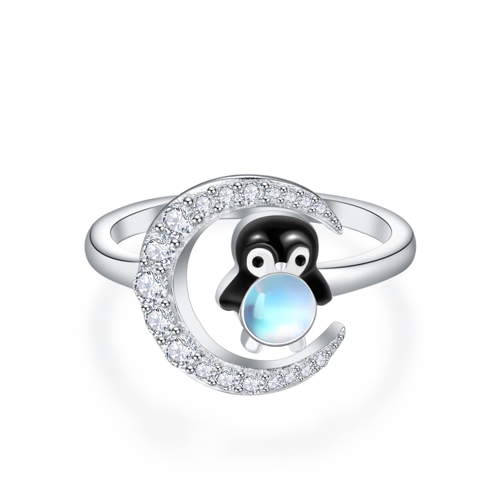 S925 Sterling Silver Penguin & Moonstone Adjustable Open Ring for Women - Elegant Animal Jewelry Gift for Her - Perfect for Casual Wear, Parties & Special Occasions
