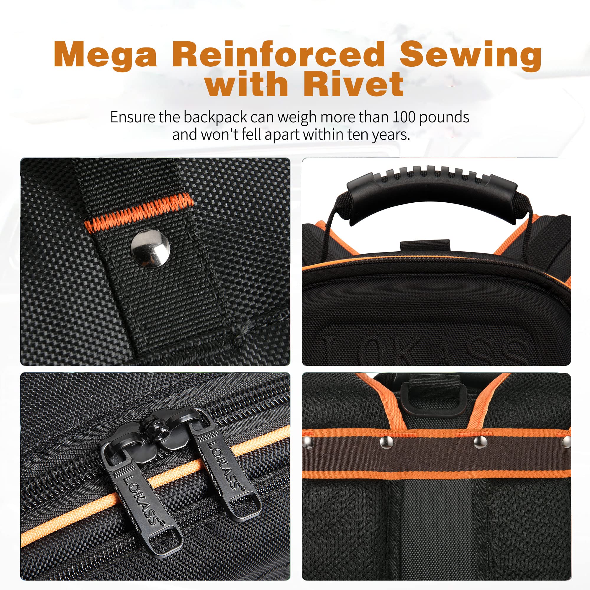 Heavy Duty Tool Bag Backpack - 75 Pockets & Loops for Electricians, HVAC & Construction Work | Large Black & Orange Organizer with Molded Base & Combination Lock | Perfect for Job Sites, Home Repairs & Professional Tool Storage