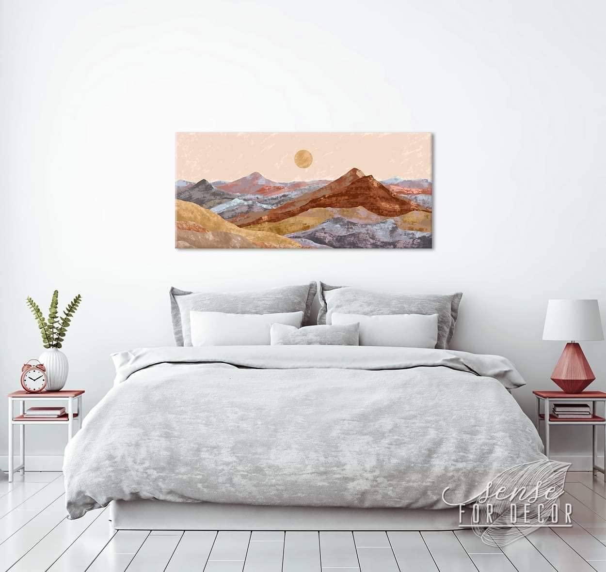 Set of 3 Framed Mountain Wall Art Paintings - Nature Landscape Decor for Living Room, Bedroom & Office - Abstract Geometric Buddha Meditation Art with Sun, Moon & Mandala Designs (42x19 Inches)