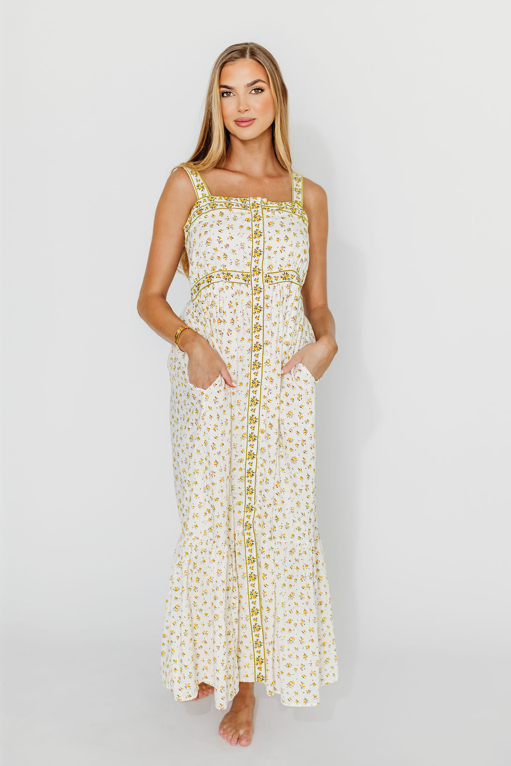 Kenna Cotton Floral Embroidered Maxi Dress in Daffodil Yellow | Boho Summer Beach Dress for Women | Perfect for Vacations, Weddings & Outdoor Events