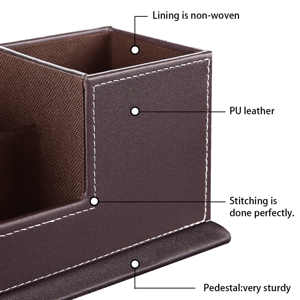 PUSU PU Leather Desk Pencil Holder - 4 Compartment Multifunctional Desk Organizer for Pens, Pencils, Business Cards & Phone - Executive Office Desk Accessories for Home & Office Workspace Organization