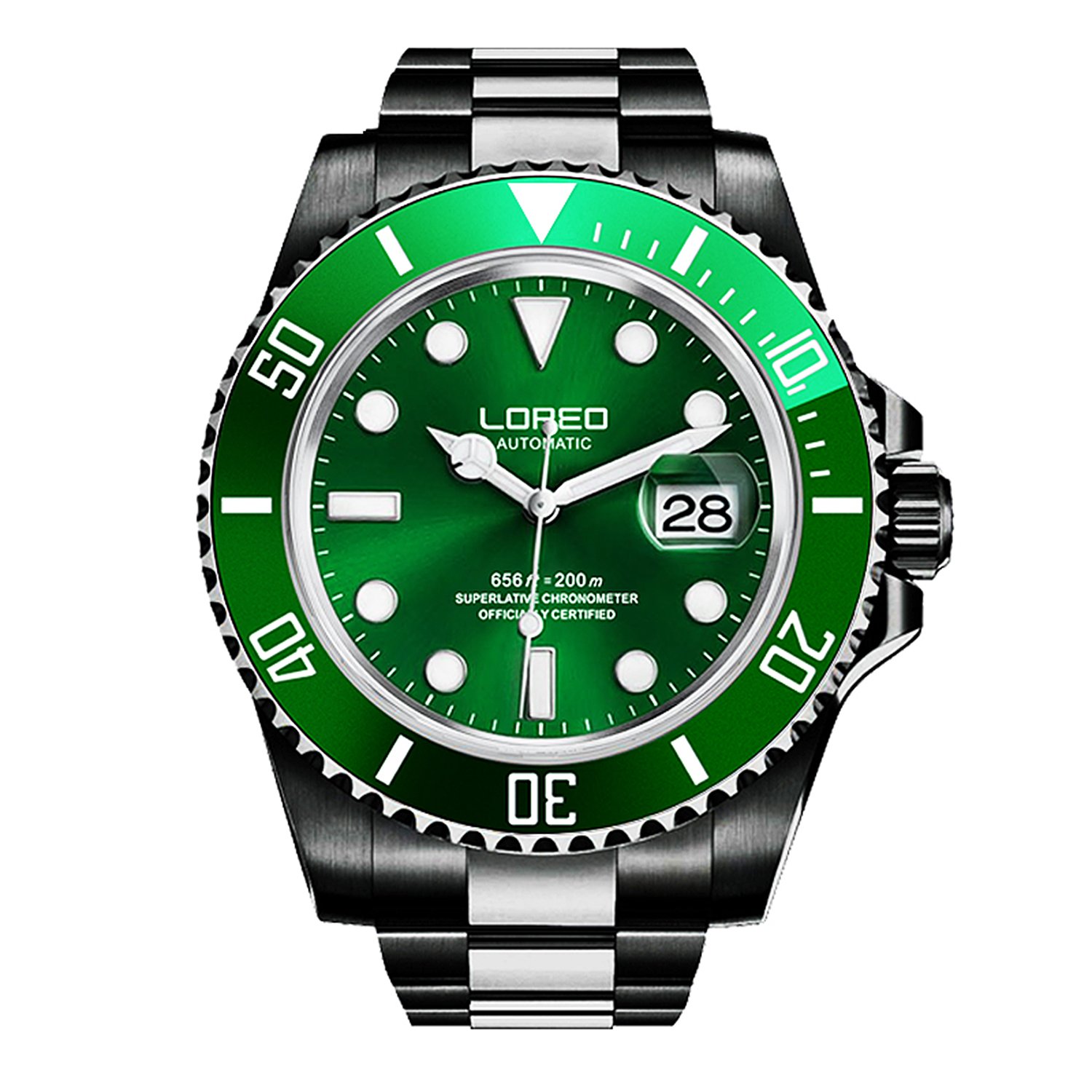 LOREO Men's Automatic Watch - Full Black Stainless Steel, Sapphire Glass, Rotating Bezel, Military Waterproof (200M) - Perfect for Diving, Outdoor Adventures & Everyday Wear