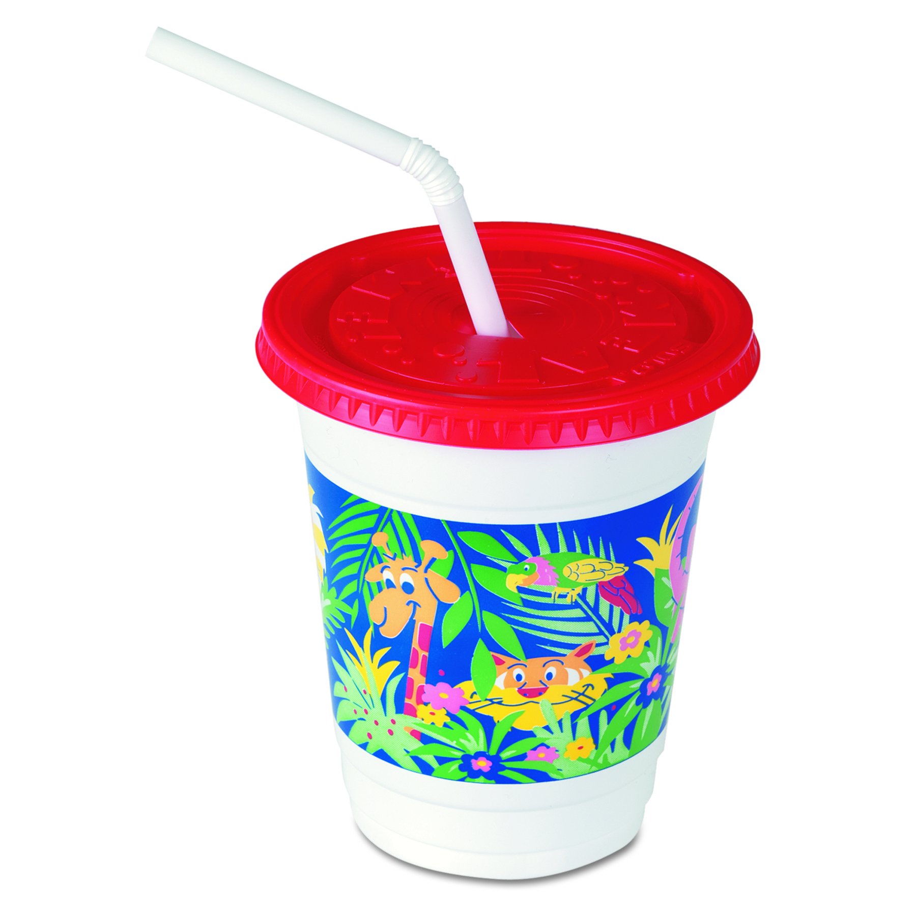Solo CC12C-J5145 12 oz Jungle Themed Kids Plastic Cups with Lids & Straws - BPA Free, 250 Sets Bulk Pack for Birthday Parties, School Events, and Summer Camps