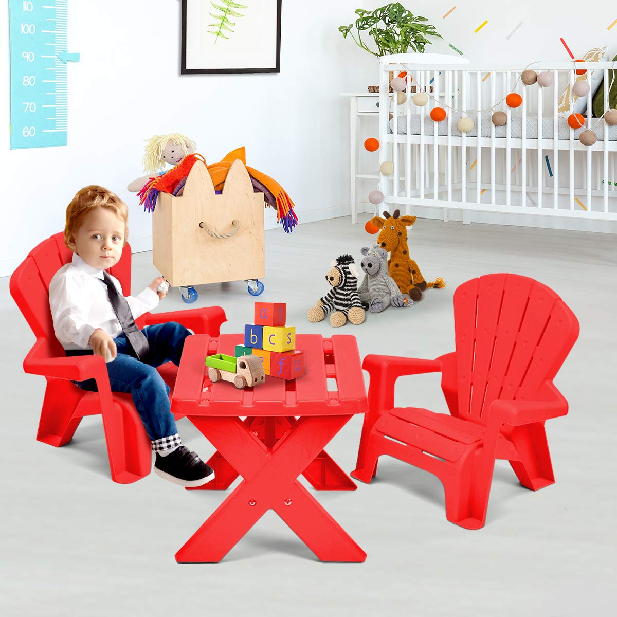 Costzon Kids Table and Chair Set - Outdoor Toddler Activity Table with 2 Adirondack Chairs for Picnic, Garden, Patio, Backyard & Beach - Durable Plastic Children's Furniture Set (Red) - Perfect for Outdoor Play, Snack Time, Arts & Crafts