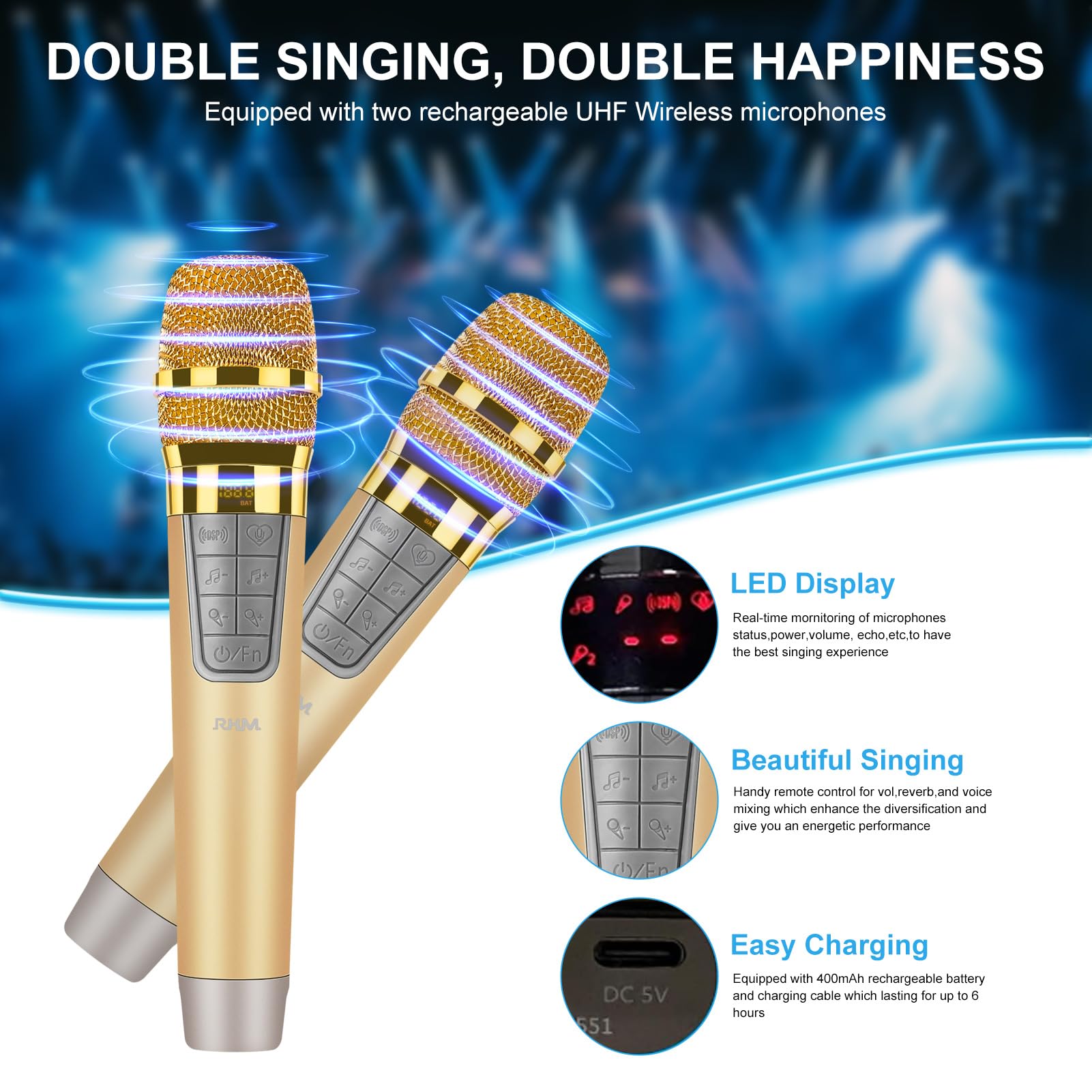 RHM K666 Professional Karaoke Machine with 2 Wireless Microphones - Bluetooth/AUX/USB/PC Connectivity, Rechargeable Battery & 8-Hour Playtime for Home Parties, Weddings, Picnics & Outdoor Events | Perfect for Singing, Entertainment & Social Gatherings