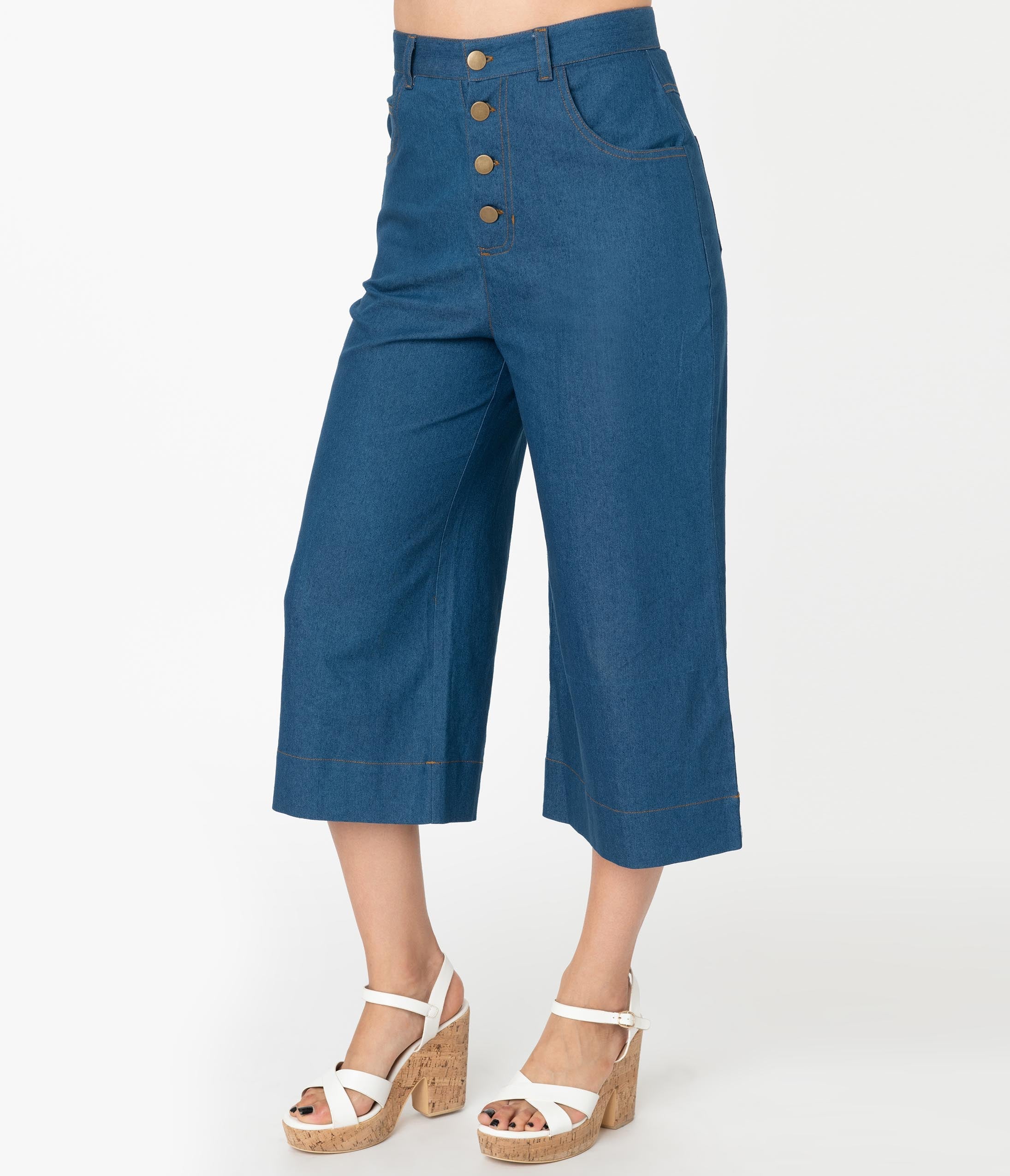 Vintage Denim Blue Chisholm Culottes - High Waisted Wide Leg Pants for Women | Perfect for Casual Outfits, Boho Style & Retro Fashion