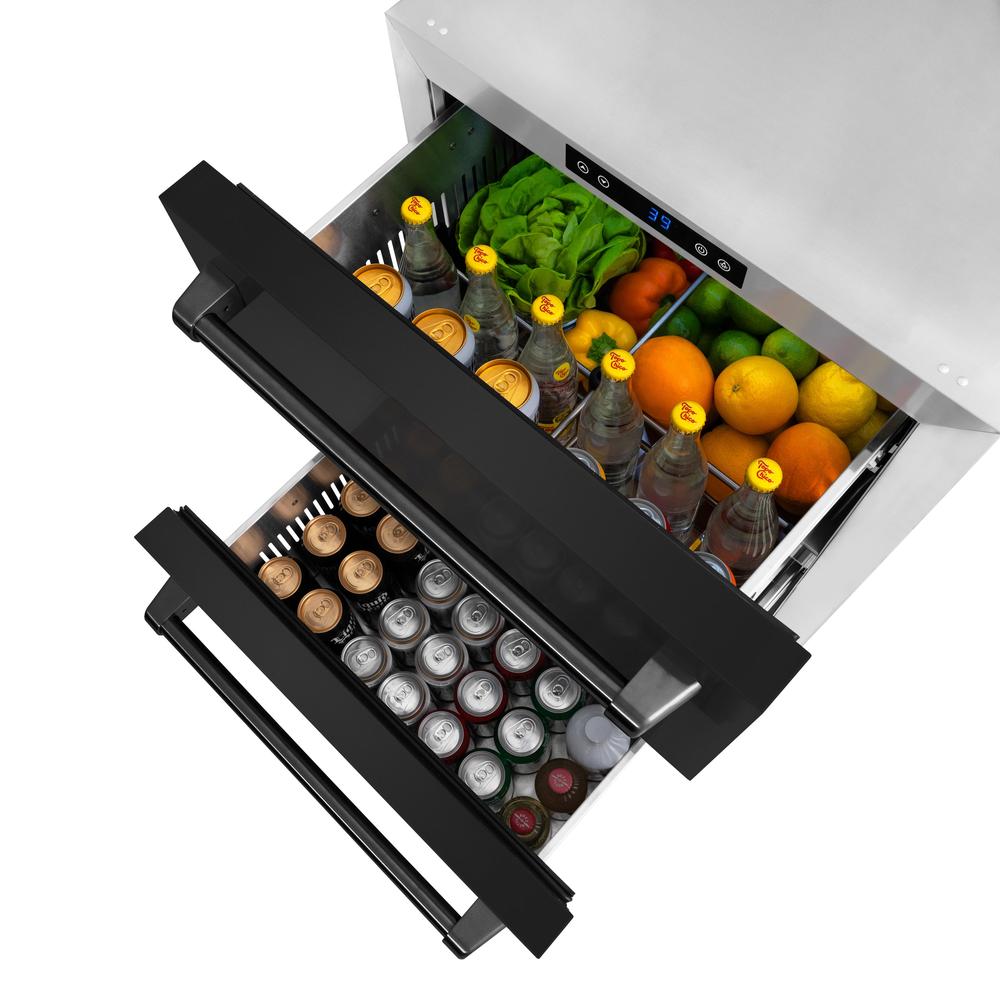 ZLINE 24 Inch Touchstone 168 Can Outdoor Rated Dual Refrigerator Drawer - Black Stainless Steel Doors (RDSO BS 24) | Perfect for Outdoor Kitchens, Patios, and Entertaining Areas