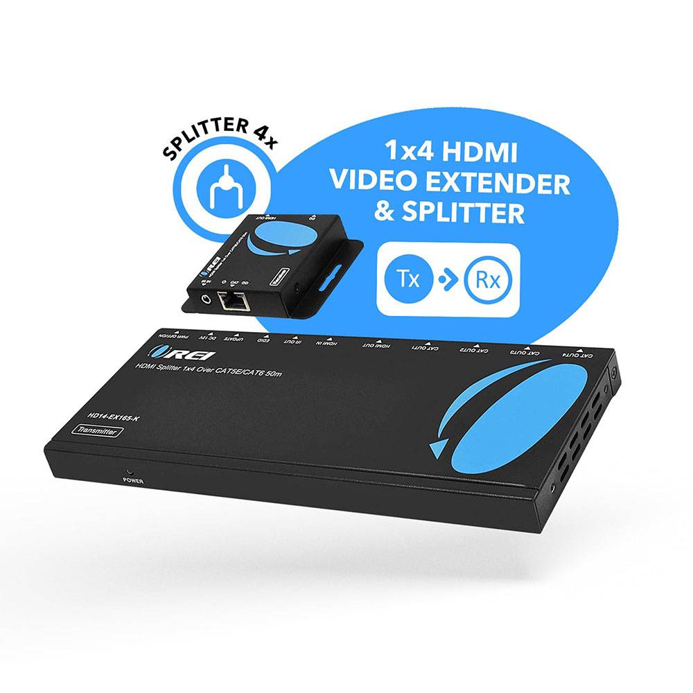 1x4 HDMI Extender Splitter Over CAT6 Cable - 4K 60Hz HDR Up to 165ft (70m) - HD14 EX165 K for Home Theater, Gaming & Conference Room Setup