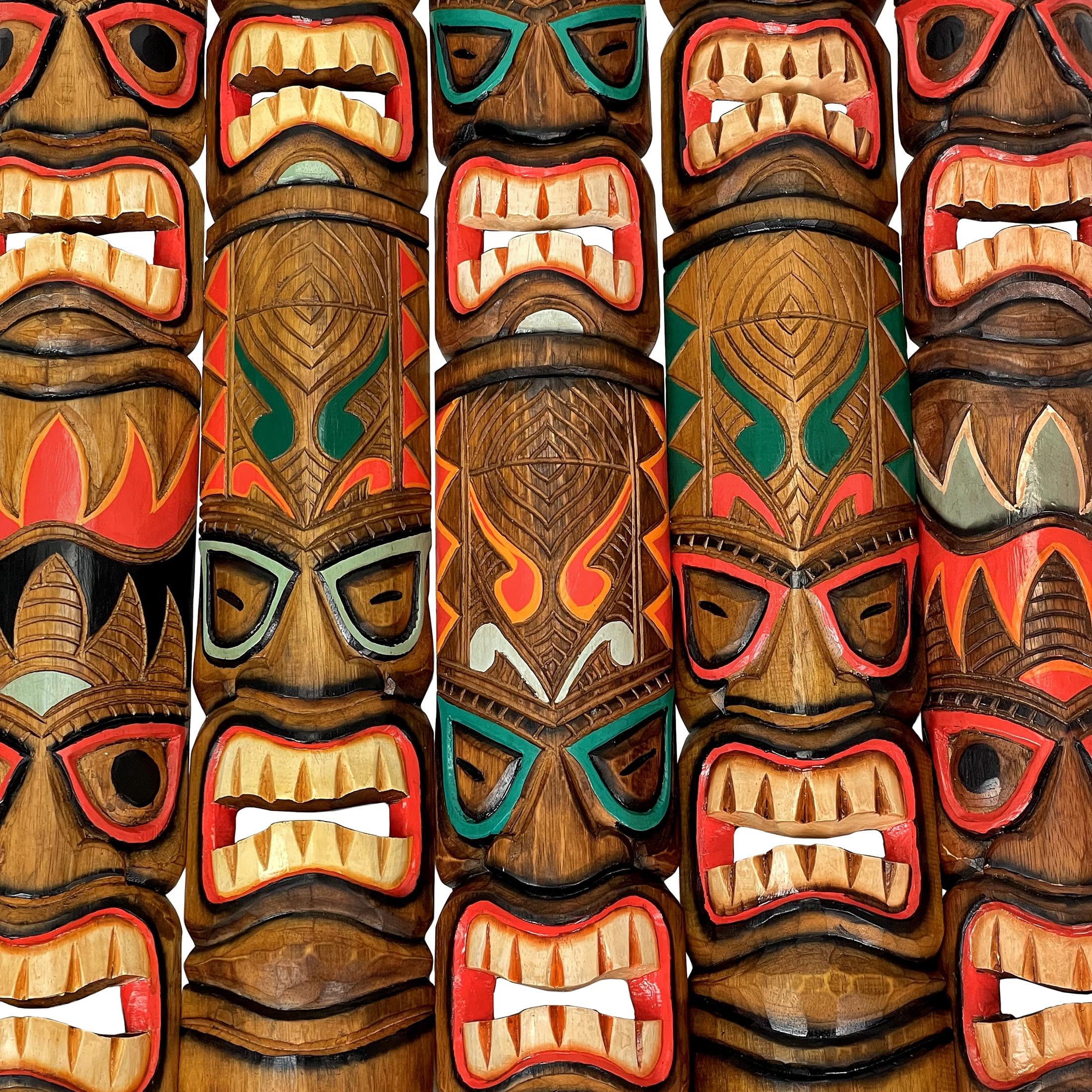 Zeckos Set of 5 Hand-Carved 40-Inch Double Tiki Mask Wall Decor - Polynesian Hawaiian Artisan Wall Art for Patio, Living Room & Bar Decor | Unique Tropical Home & Office Decoration