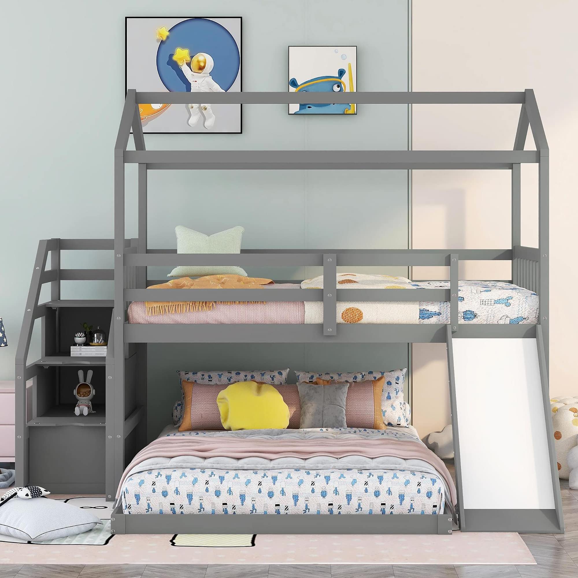 LZ LEISURE ZONE Twin Over Full Bunk Bed with Slide & Storage Stairs - Convertible Wooden Bunk Bed Frame for Kids, Teens & Adults - Safe Full-Length Guardrail - Space-Saving Grey Bunk Bed for Small Rooms, Guest Rooms & Vacation Homes