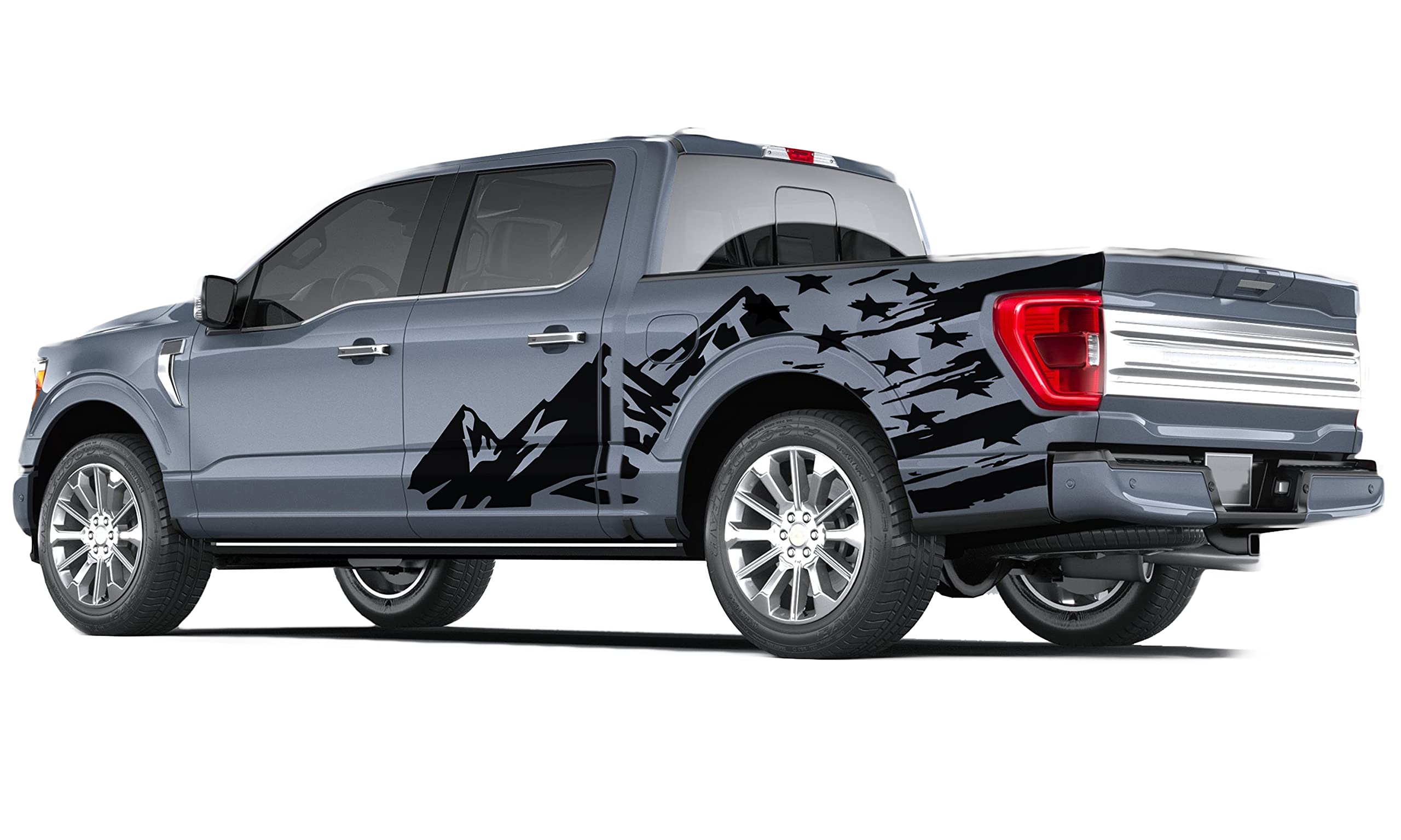 Black Side Mountains & Flag Graphics Decals for Ford F150 - Custom Truck Stickers for Off-Road & Patriotic Style