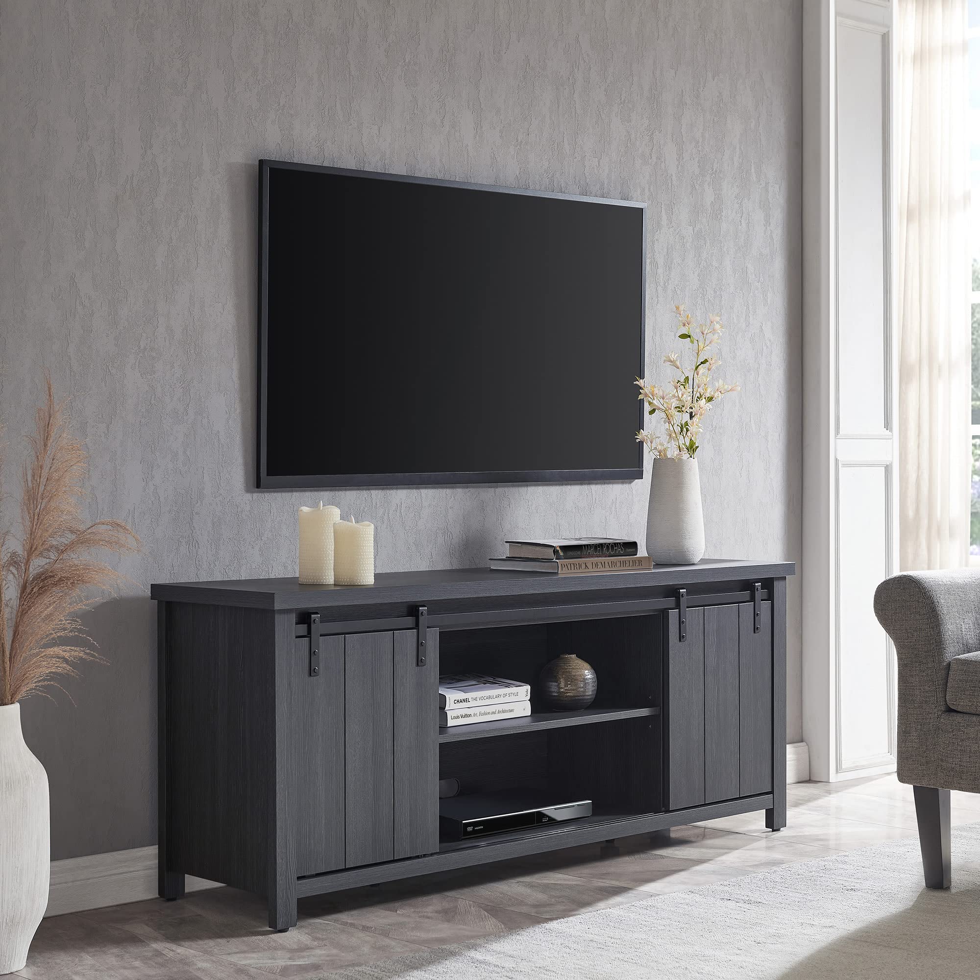 Deacon 65 Inch TV Stand - Modern Rectangular Entertainment Center with Storage Shelves for Living Room, Bedroom - Charcoal Gray Finish