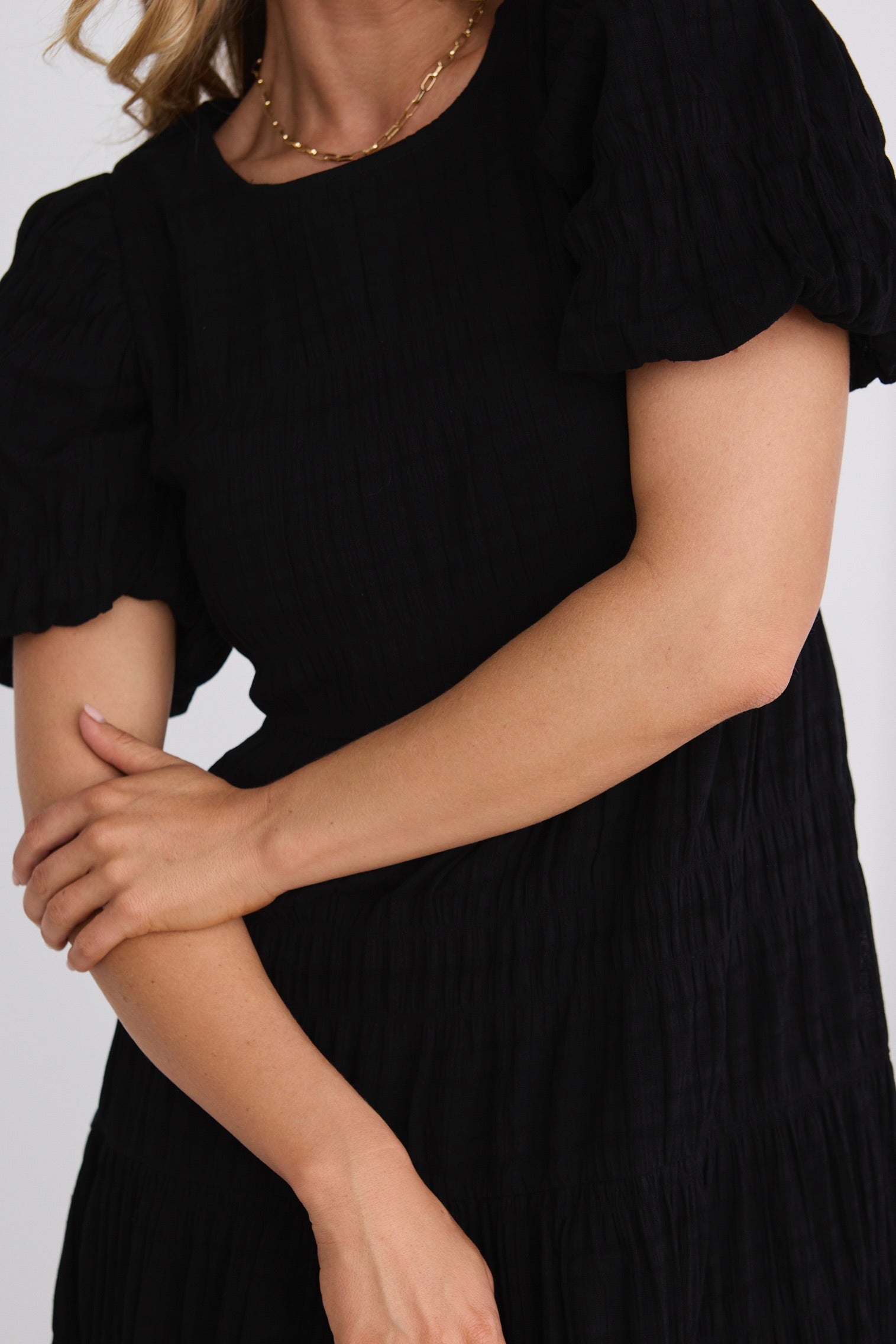 Elegant Black Shirred Cotton Bubble Sleeve Tiered Maxi Dress for Women - Perfect for Summer Beach Vacations, Date Nights & Special Occasions